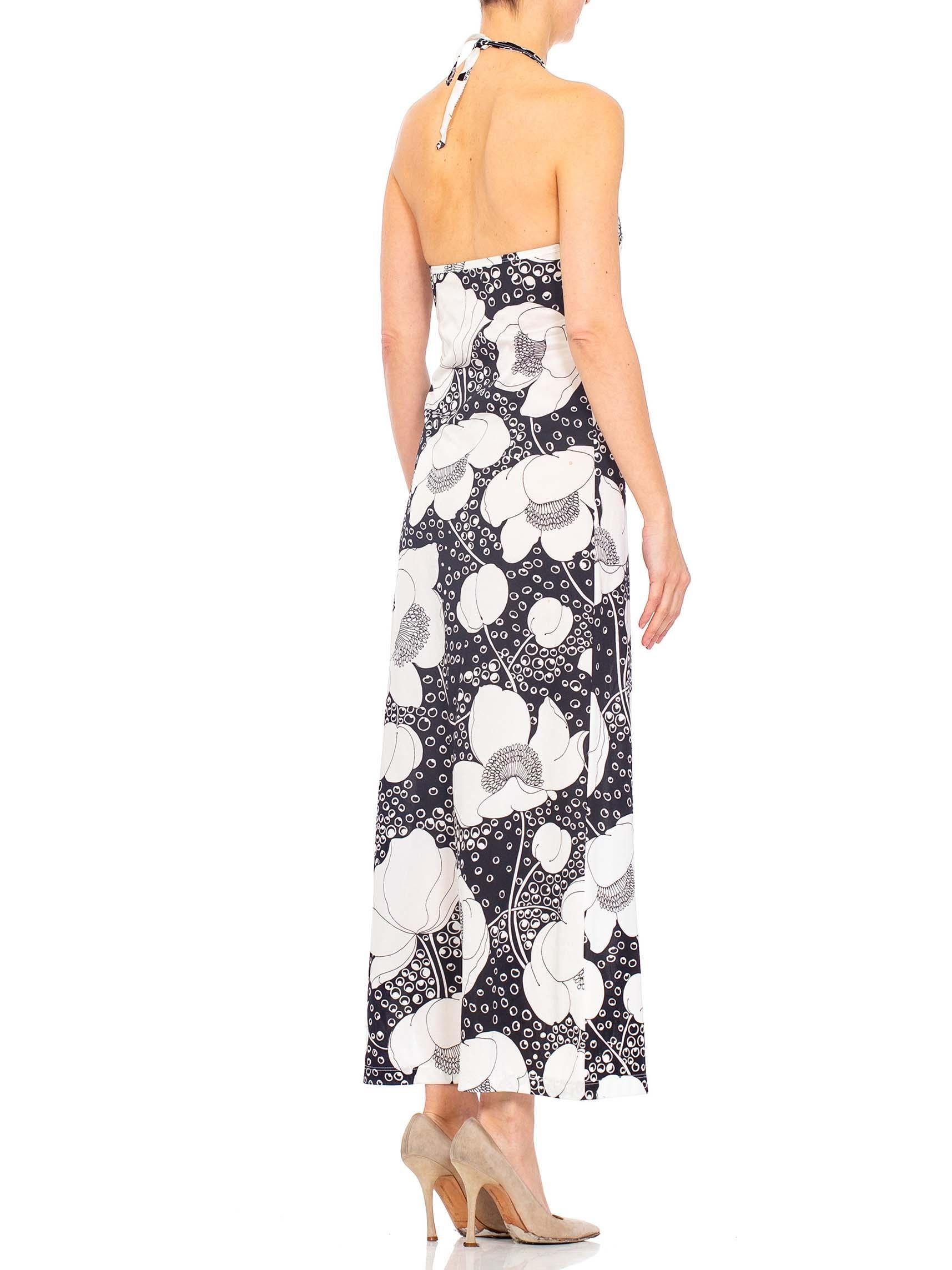 1970'S Black & White Polyester Jersey Floral Print Backless Halter Dress With S 1