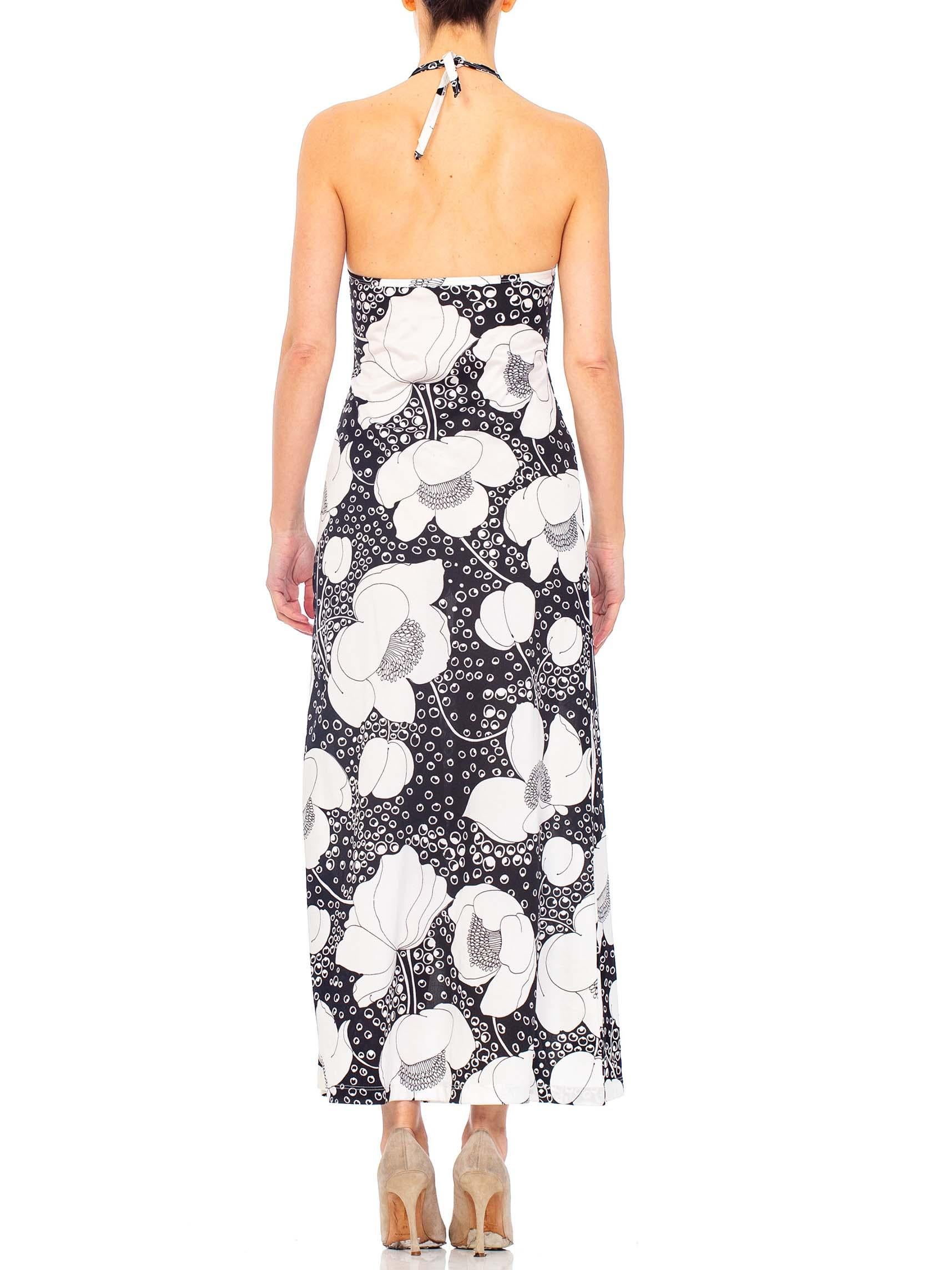 1970'S Black & White Polyester Jersey Floral Print Backless Halter Dress With S 2