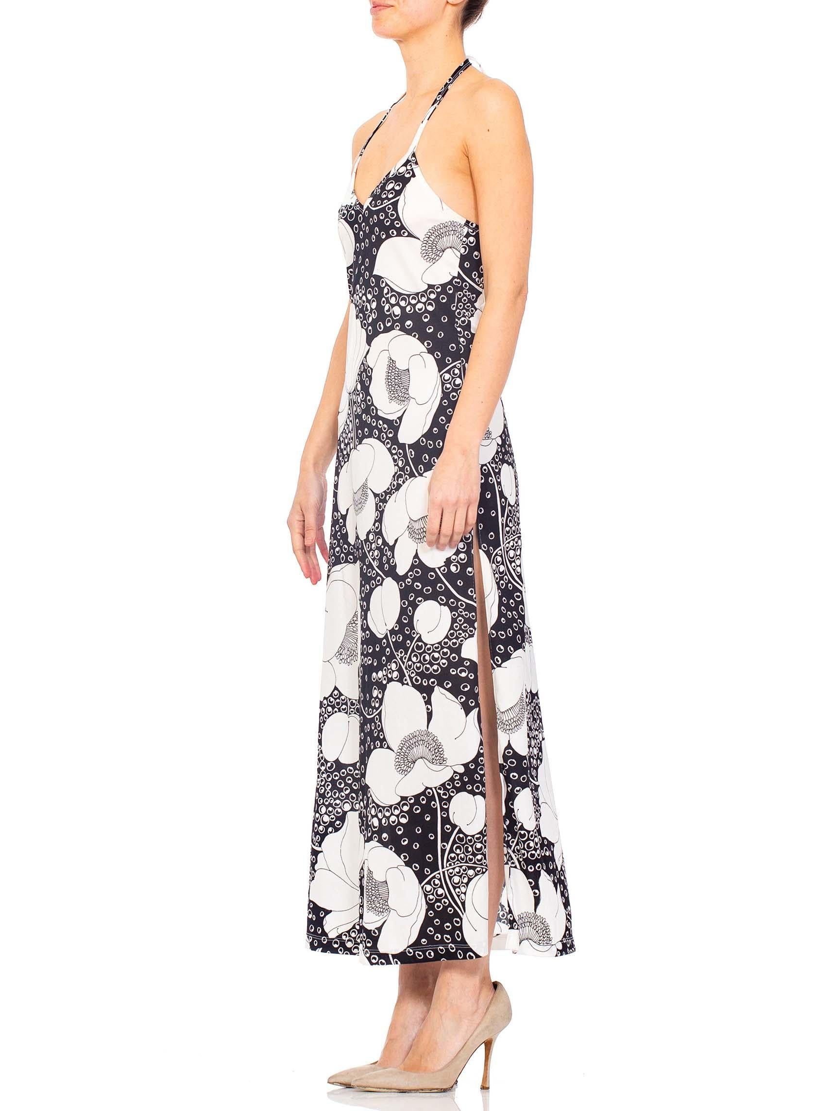 1970'S Black & White Polyester Jersey Floral Print Backless Halter Dress With S 3