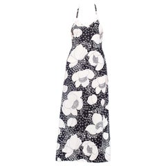 1970'S Black & White Polyester Jersey Floral Print Backless Halter Dress With S