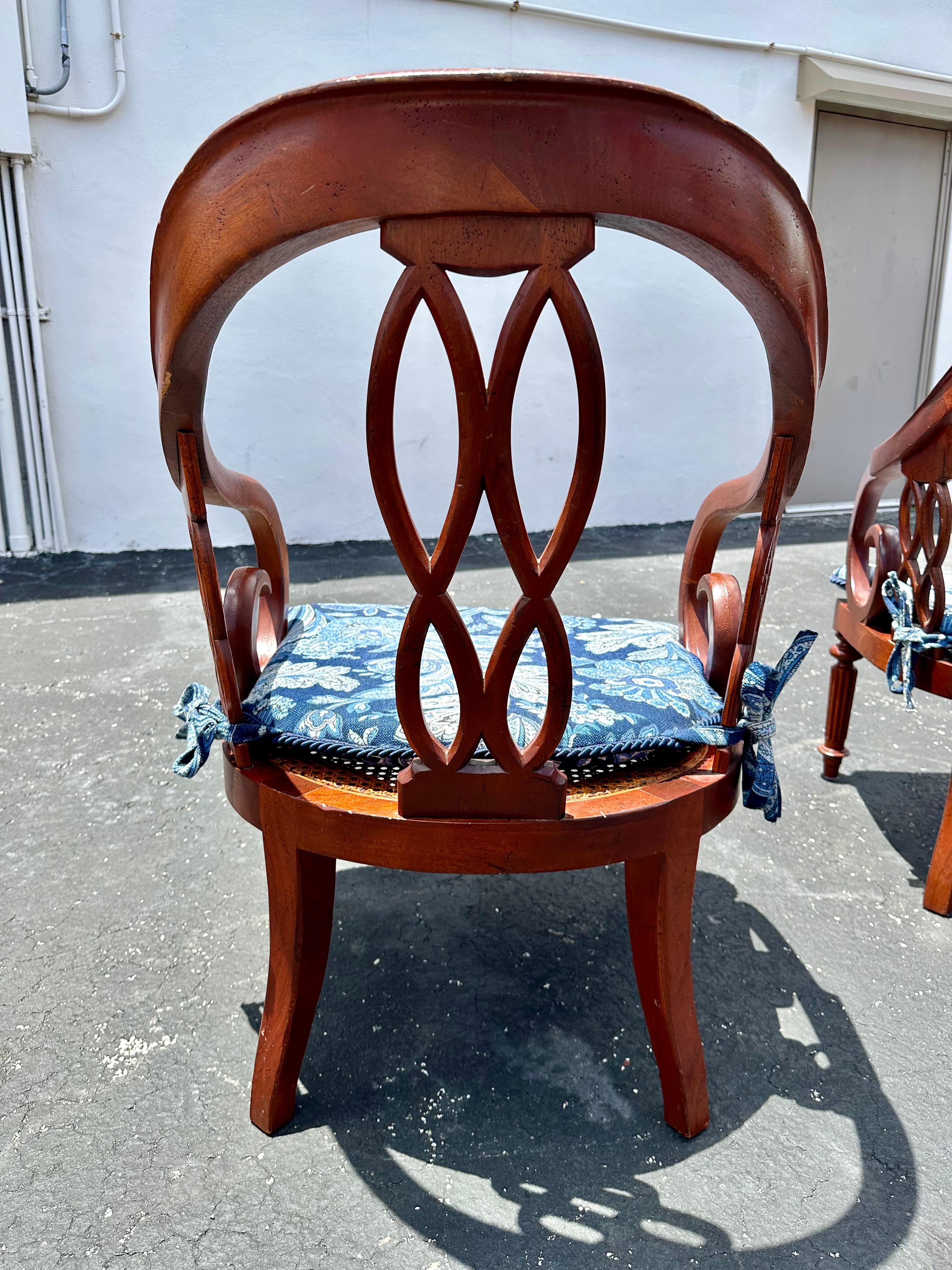 1970s Baker Chinoiserie Style Blue White Cane Sculptural Arm Chairs, Set of 4 For Sale 3