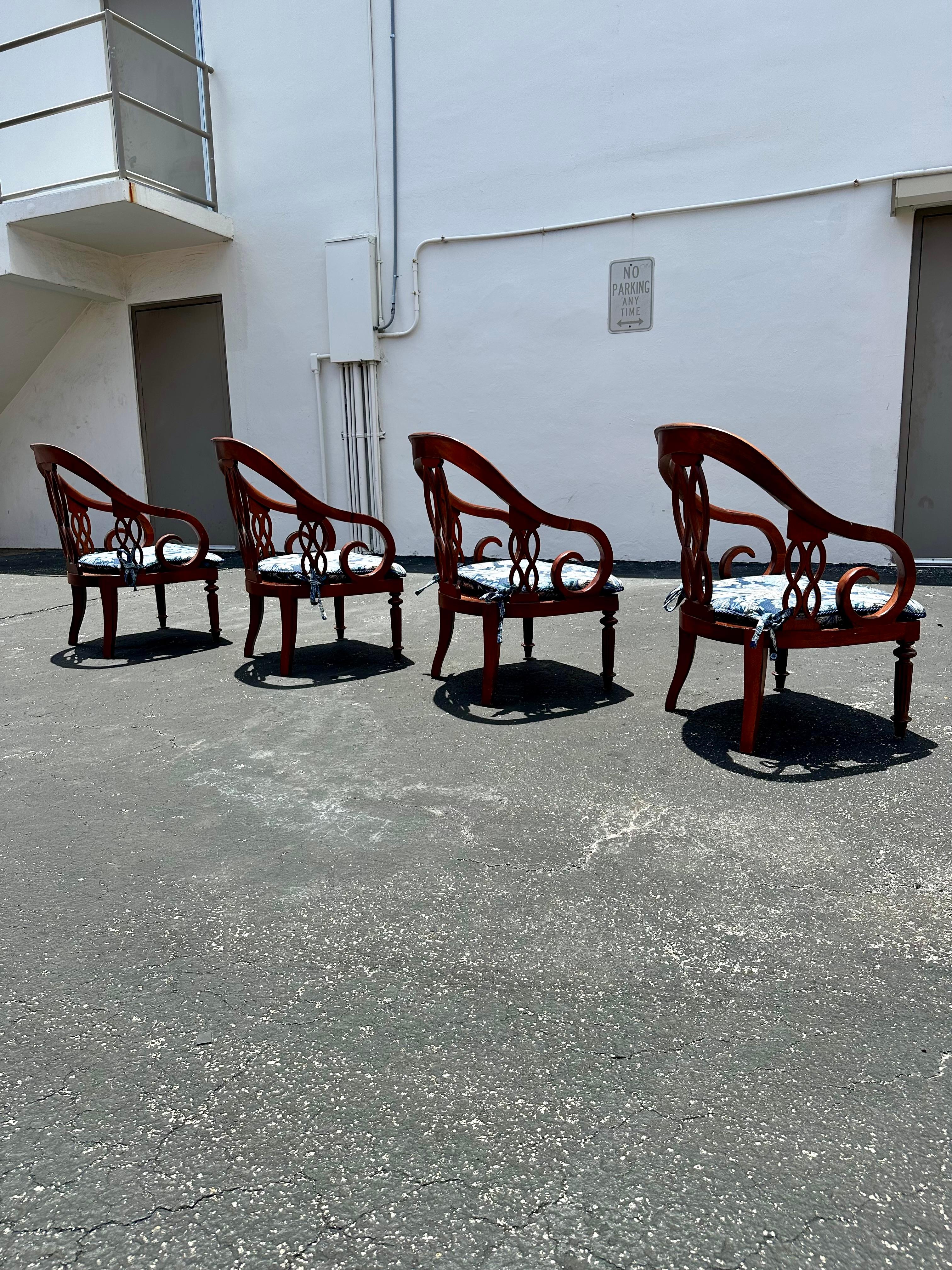 1970s Baker Chinoiserie Style Blue White Cane Sculptural Arm Chairs, Set of 4 For Sale 4