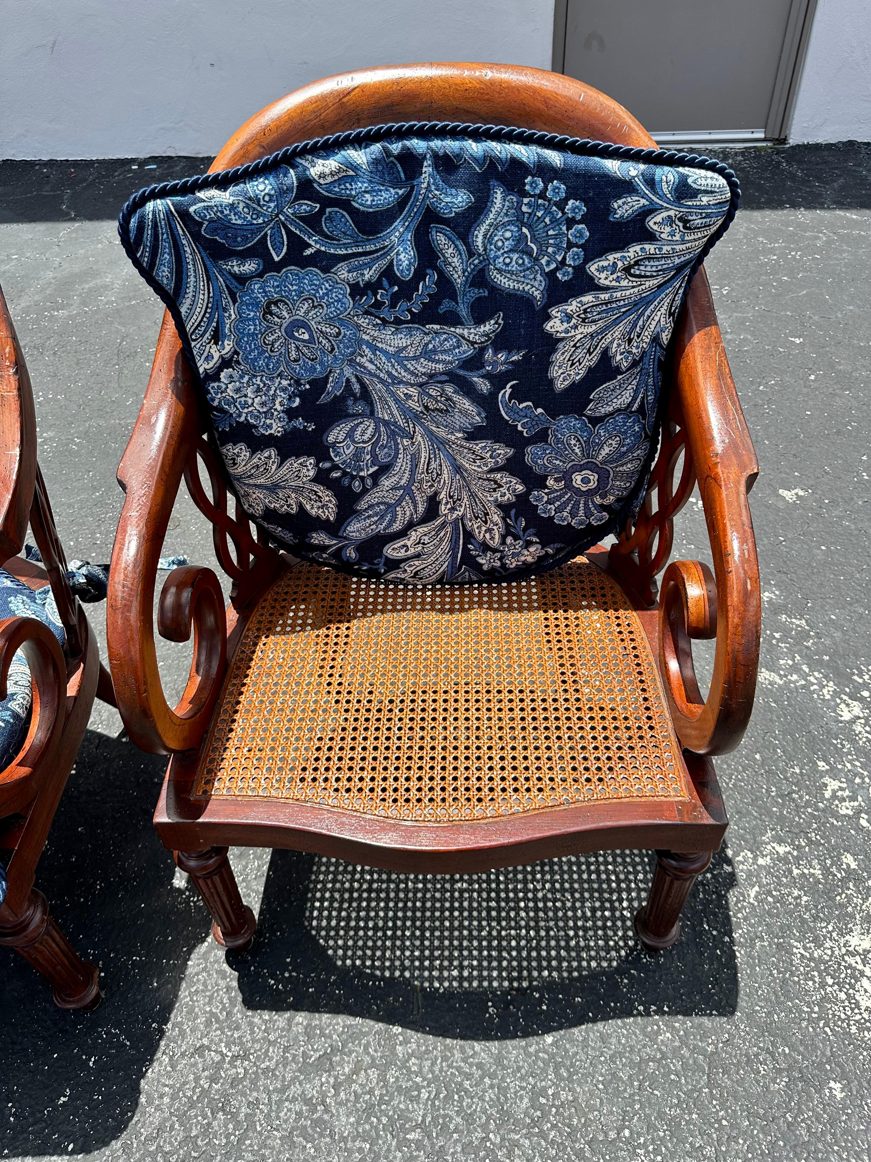 1970s Baker Chinoiserie Style Blue White Cane Sculptural Arm Chairs, Set of 4 For Sale 5