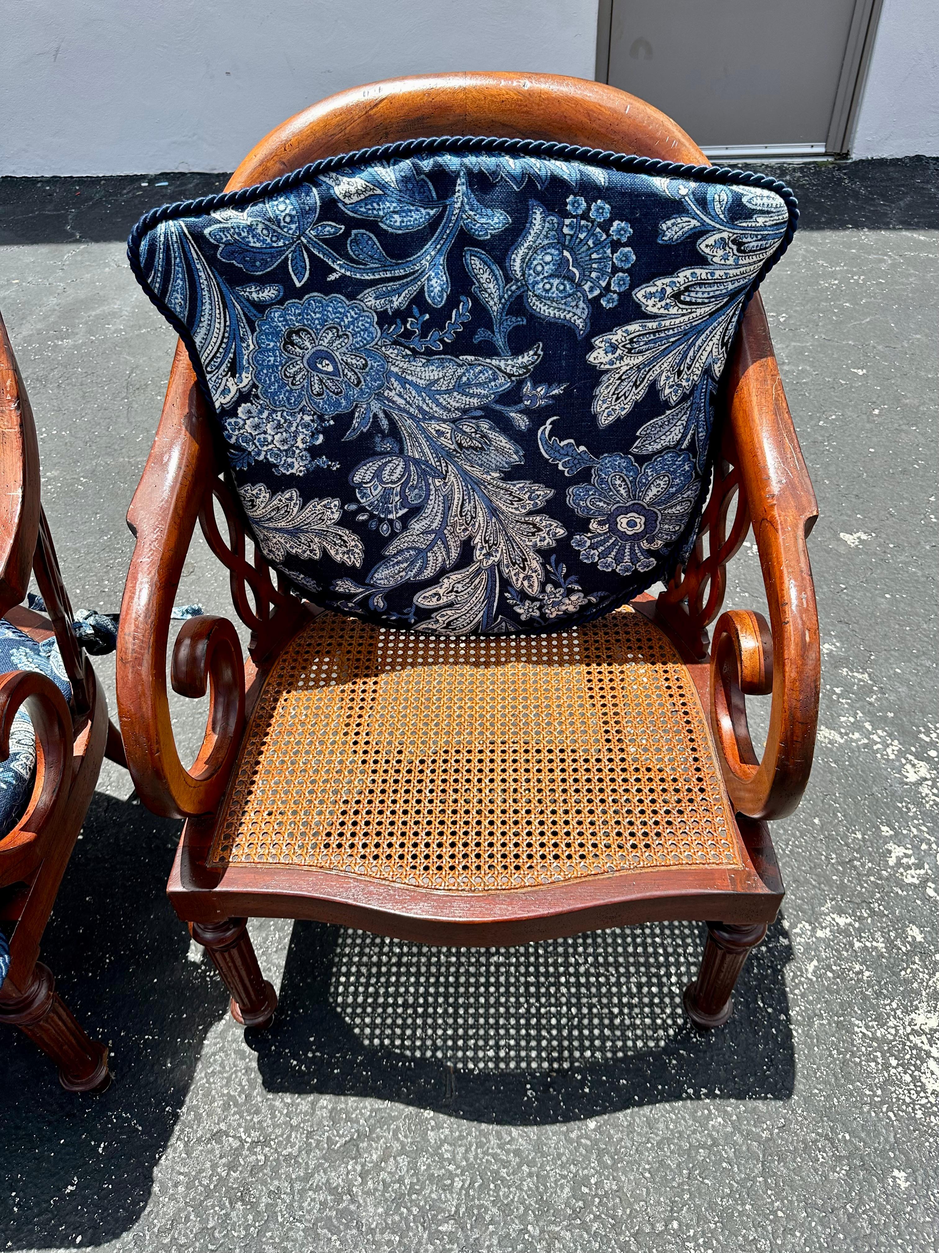 1970s Baker Chinoiserie Style Blue White Cane Sculptural Arm Chairs, Set of 4 For Sale 6