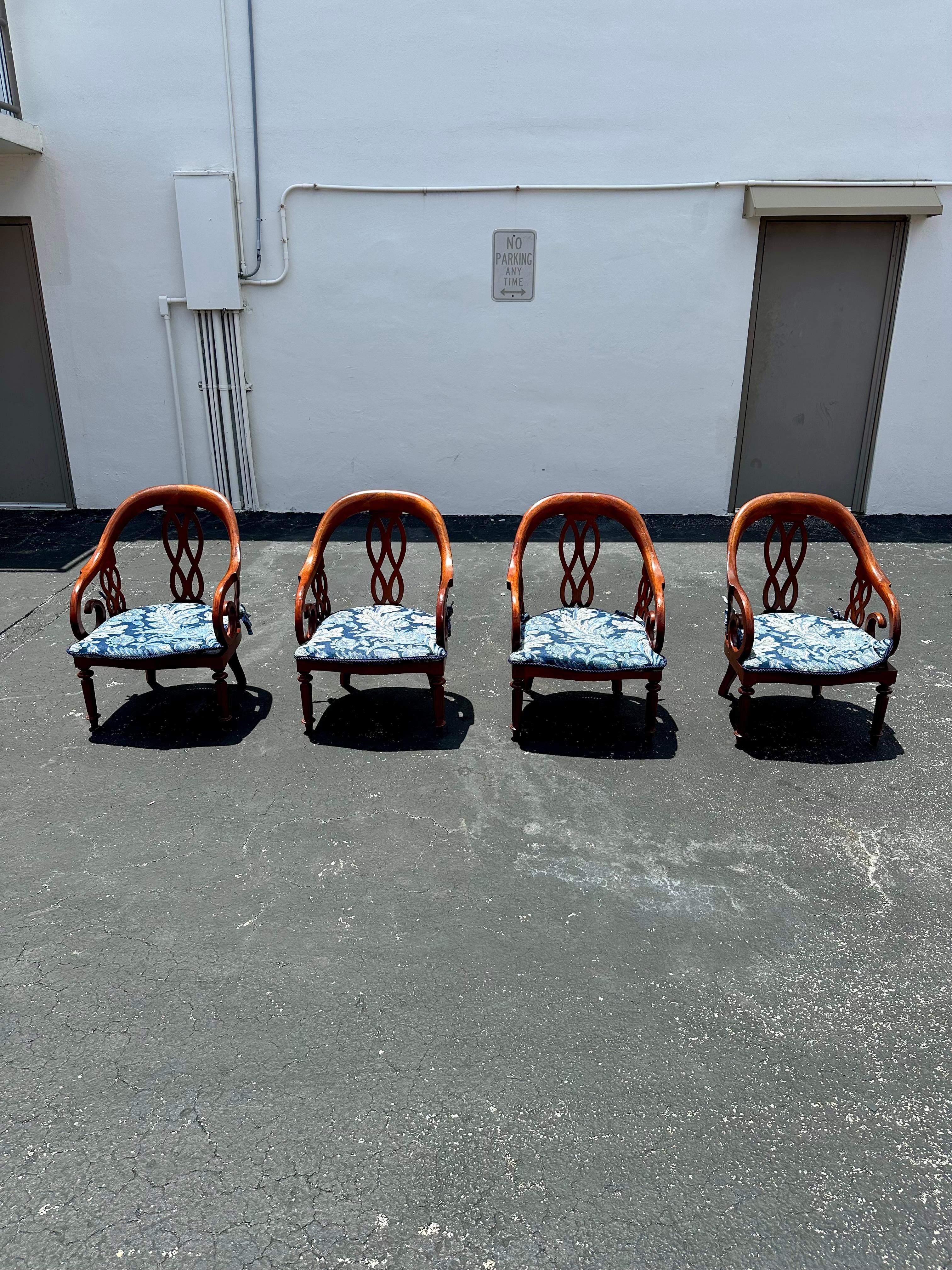Mid-Century Modern 1970s Baker Chinoiserie Style Blue White Cane Sculptural Arm Chairs, Set of 4 For Sale