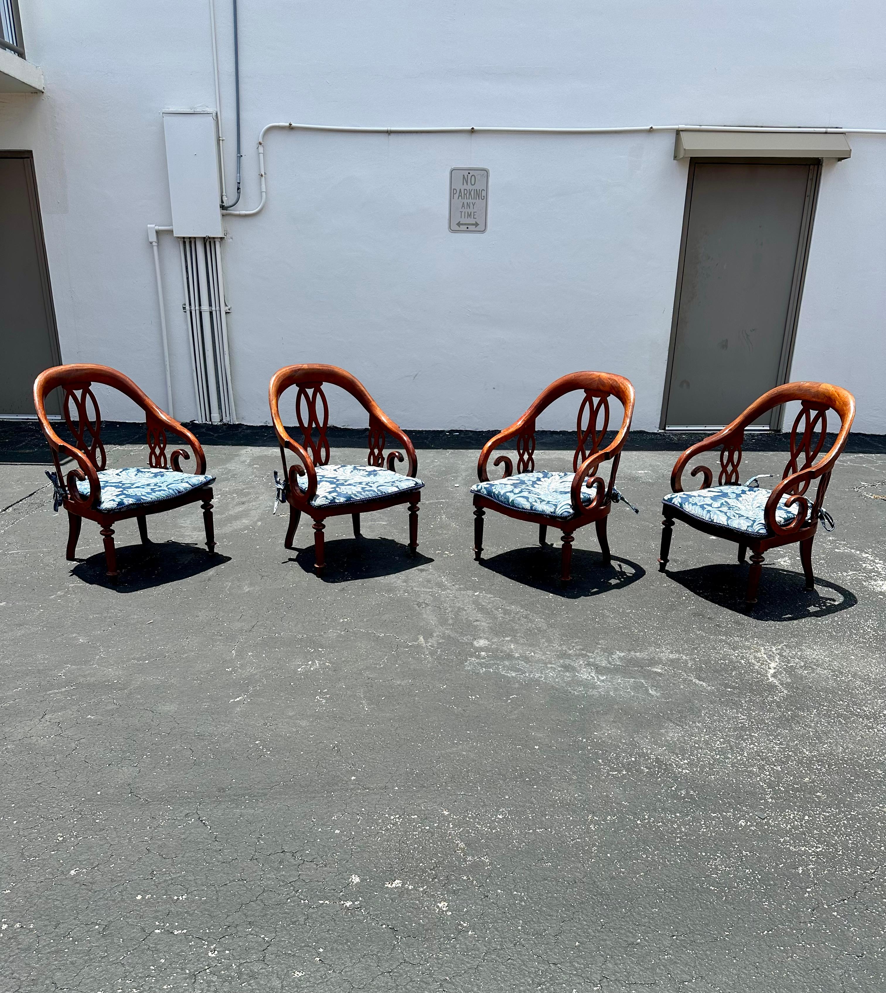 American 1970s Baker Chinoiserie Style Blue White Cane Sculptural Arm Chairs, Set of 4 For Sale
