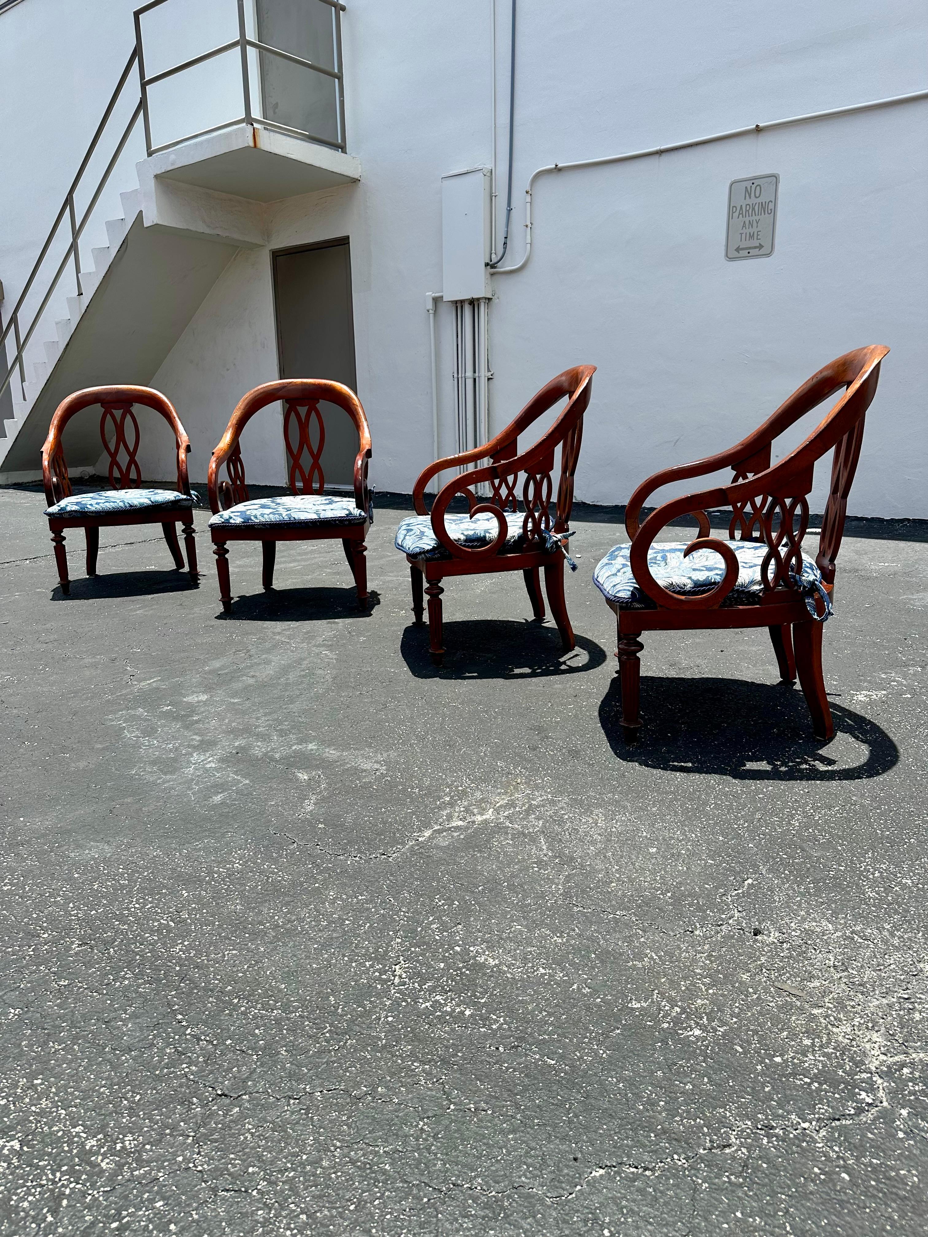 1970s Baker Chinoiserie Style Blue White Cane Sculptural Arm Chairs, Set of 4 In Good Condition For Sale In Fort Lauderdale, FL