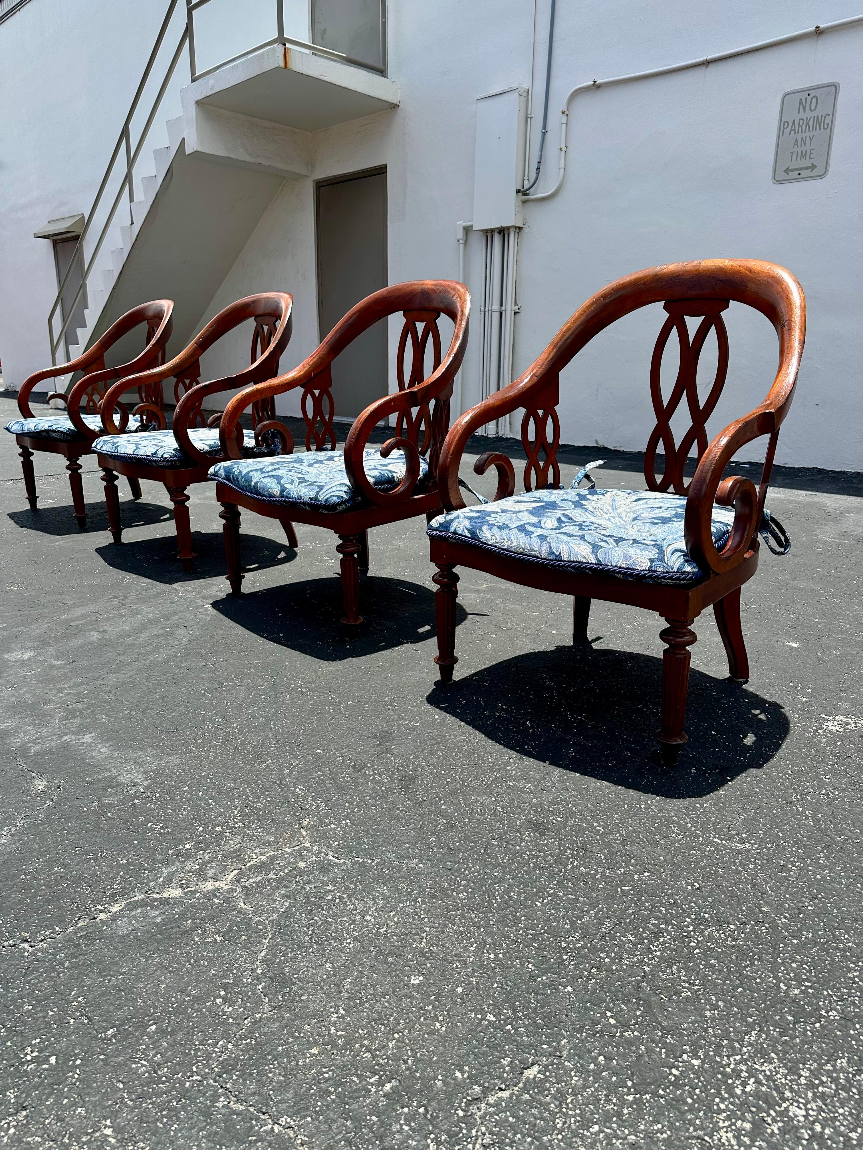 Late 20th Century 1970s Baker Chinoiserie Style Blue White Cane Sculptural Arm Chairs, Set of 4 For Sale