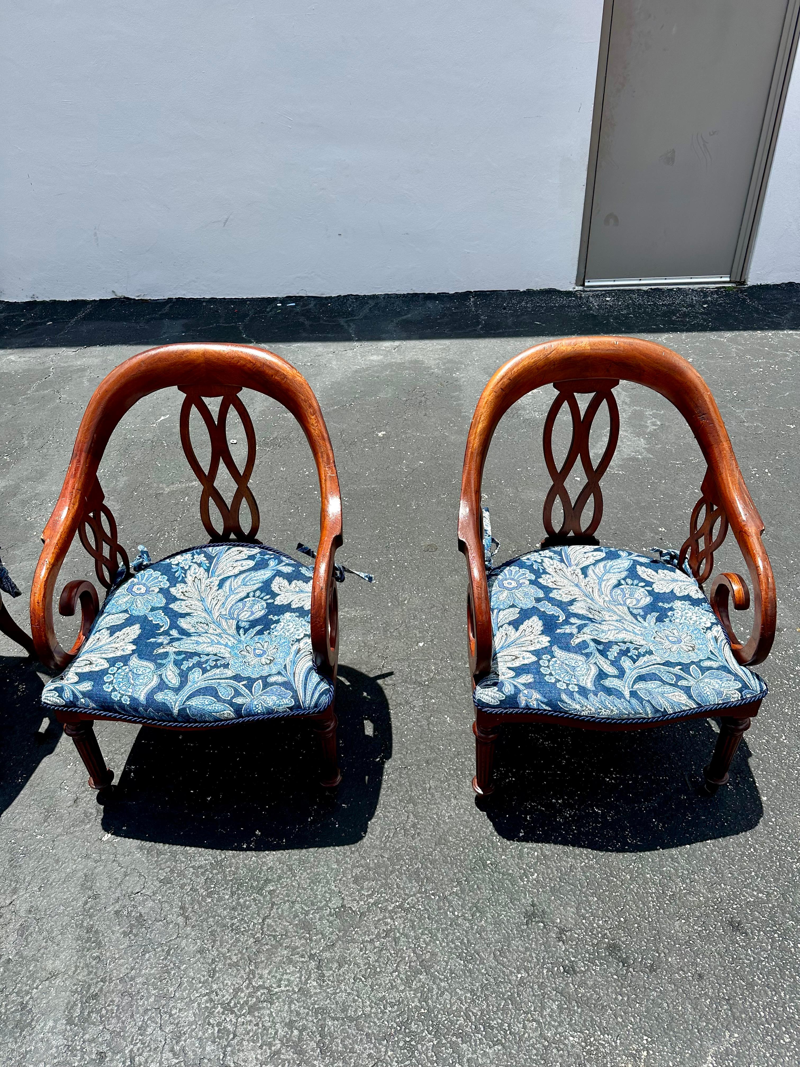 Upholstery 1970s Baker Chinoiserie Style Blue White Cane Sculptural Arm Chairs, Set of 4 For Sale