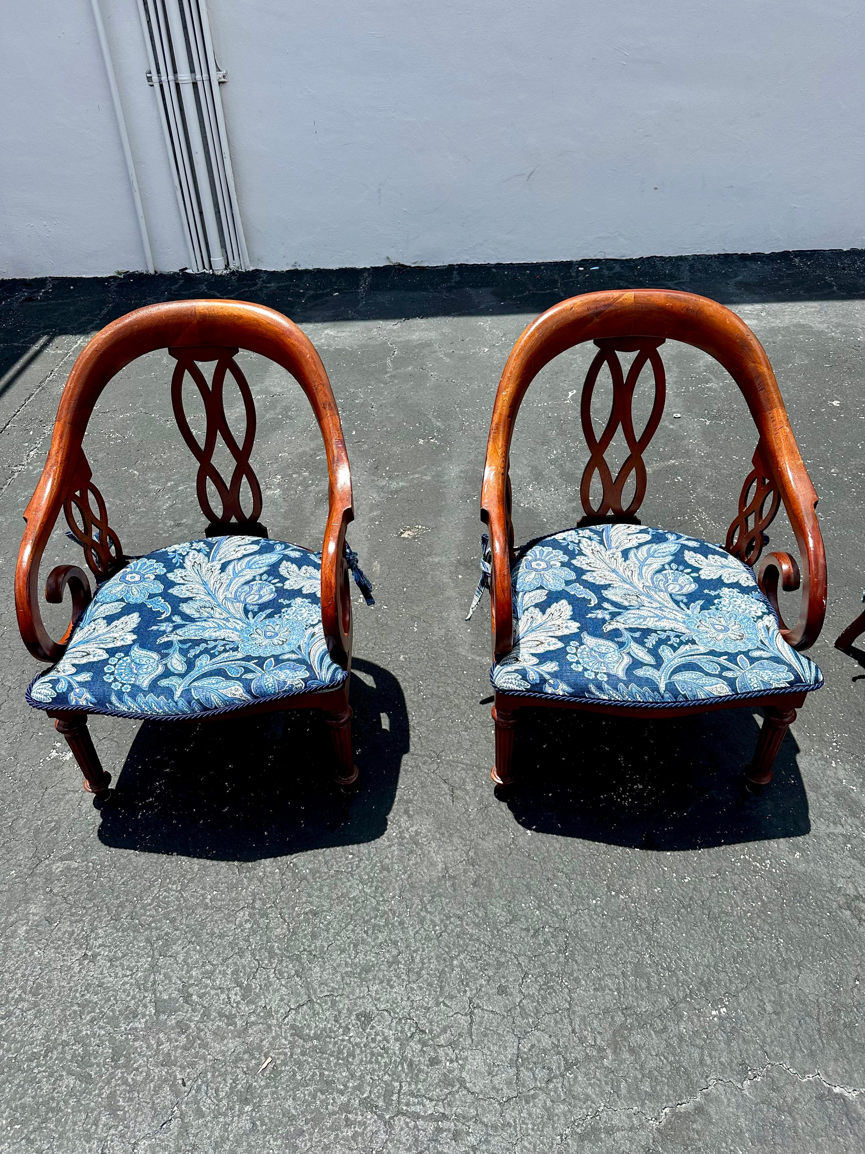 1970s Baker Chinoiserie Style Blue White Cane Sculptural Arm Chairs, Set of 4 For Sale 1