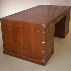 1970s Baker Furniture Co. Campaign Style Burl Walnut Executive Desk