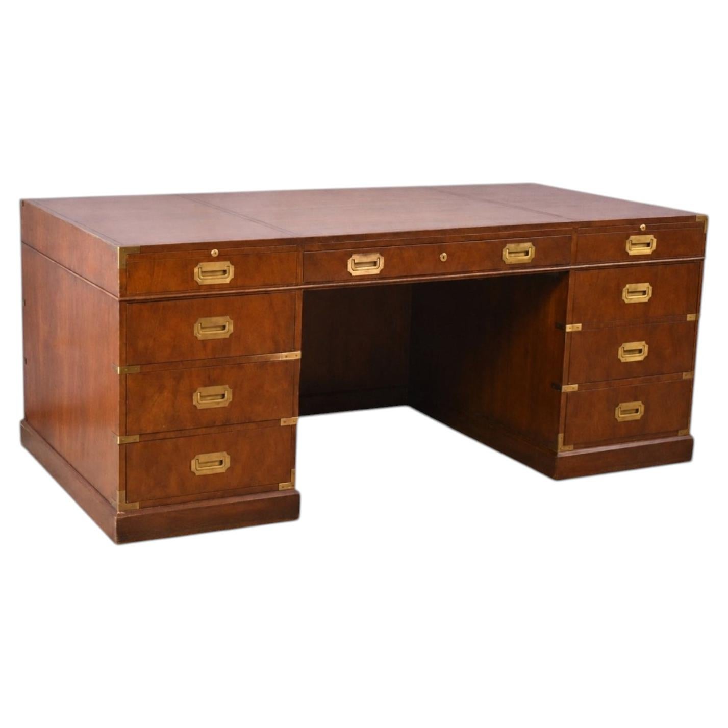 1970s Baker Furniture Co. Campaign Style Burl Walnut Executive Desk