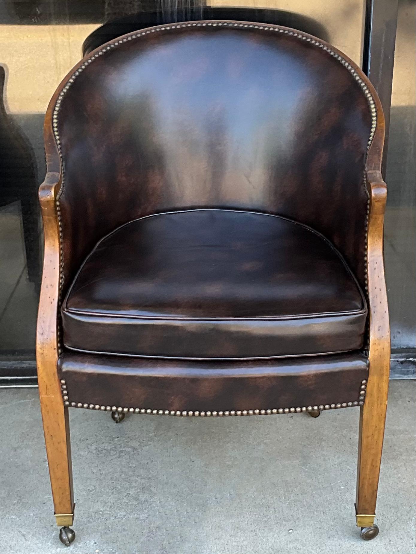 1970s Baker Furniture Leather, Brass & Fruitwood Barrel Back Club Chairs Pair For Sale 3