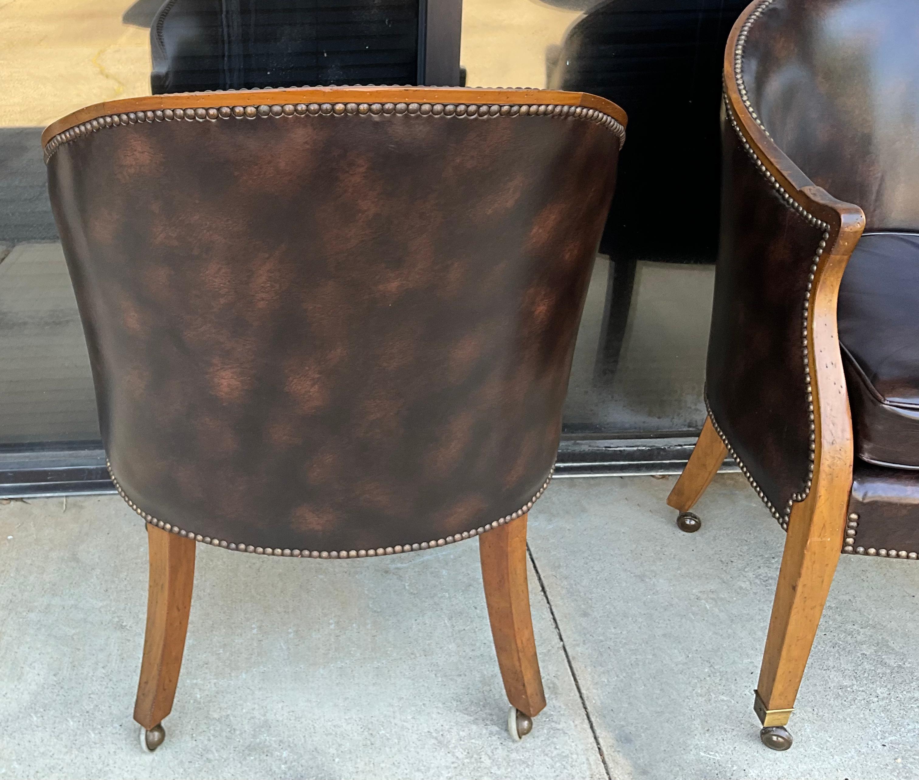1970s Baker Furniture Leather, Brass & Fruitwood Barrel Back Club Chairs Pair For Sale 4