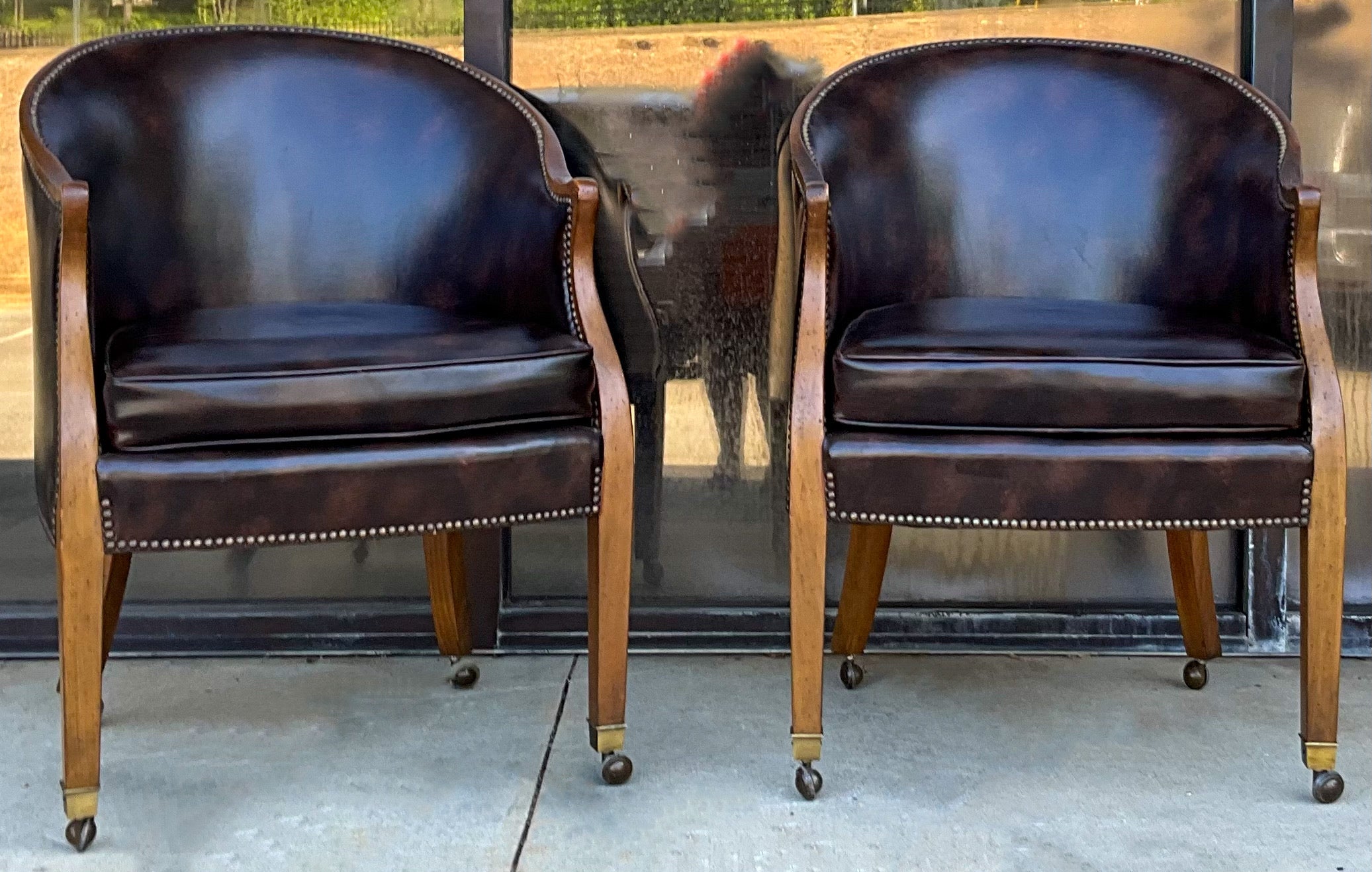 American Classical 1970s Baker Furniture Leather, Brass & Fruitwood Barrel Back Club Chairs Pair For Sale