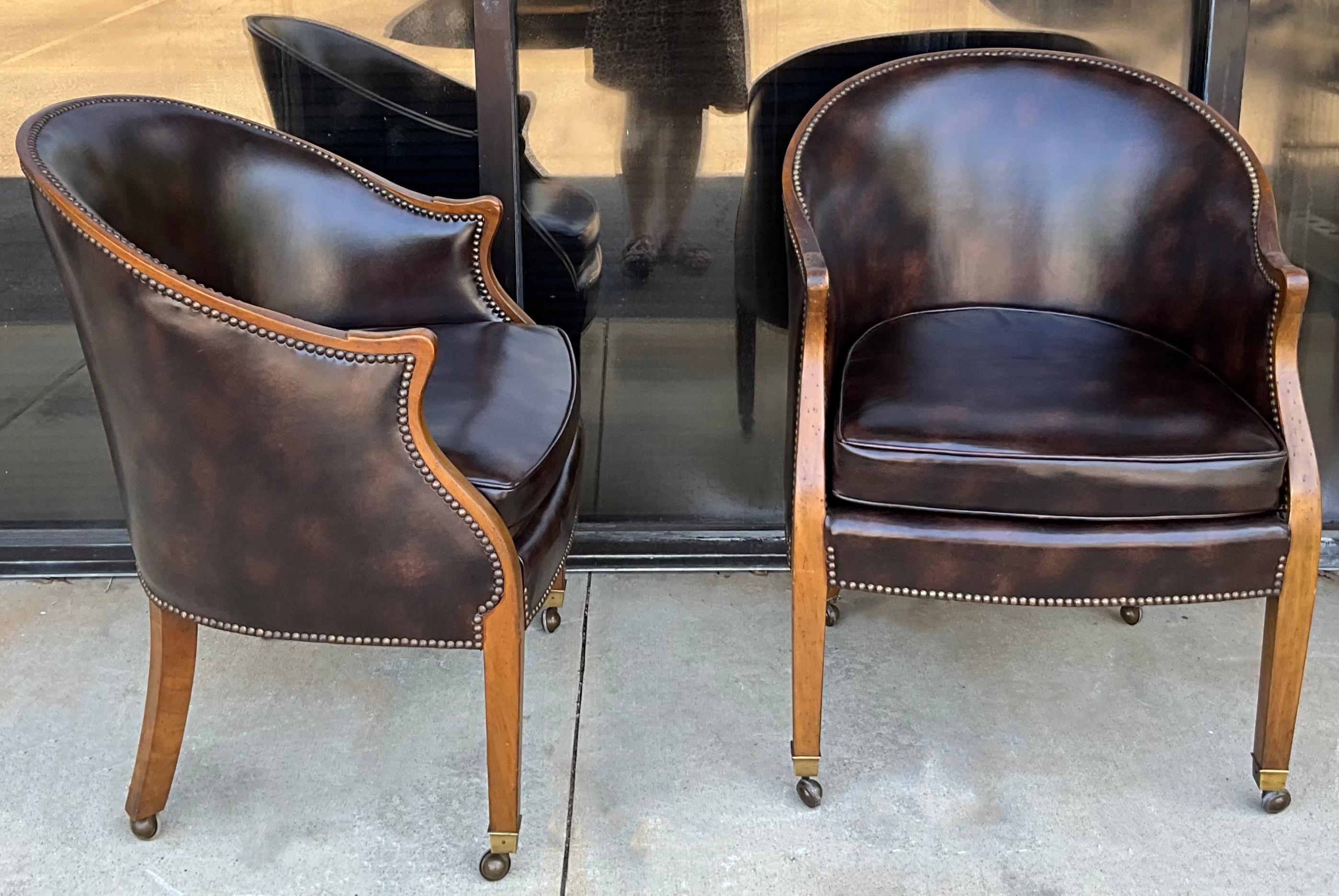 1970s Baker Furniture Leather, Brass & Fruitwood Barrel Back Club Chairs Pair For Sale 1