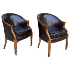 1970s Baker Furniture Leather, Brass & Fruitwood Barrel Back Club Chairs Pair