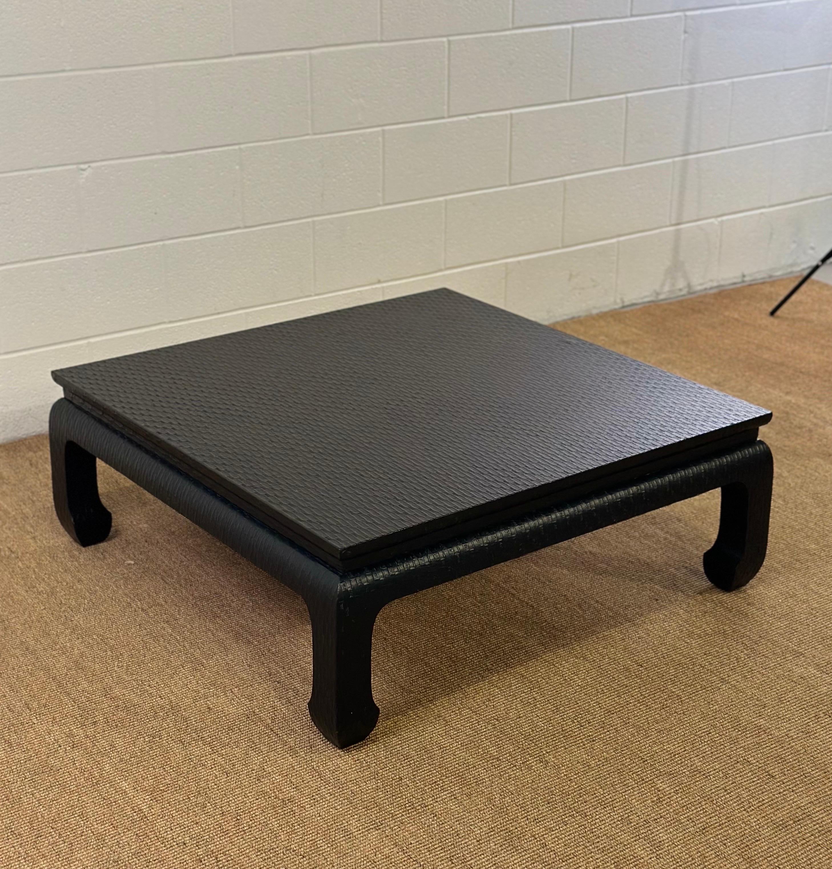 Late 20th Century 1970s Baker Furniture Raffia Wrapped Ming Style Black Square Coffee Table  For Sale