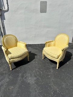 1970s Baker Yellow Lattice Cotton Velvet Bergere Curved Chairs, Set of 2
