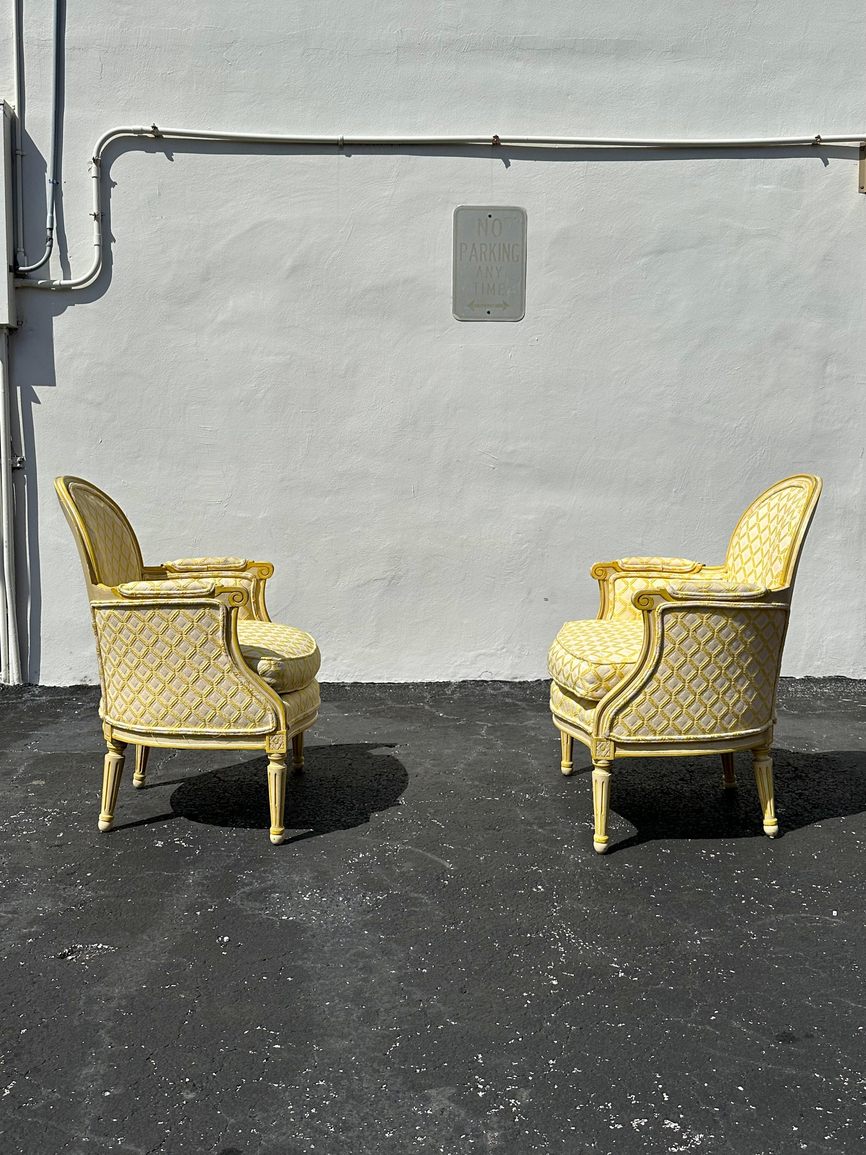 Americano Sedie curve in velluto di cotone a reticolo Baker giallo 1970, Set di 2 in vendita