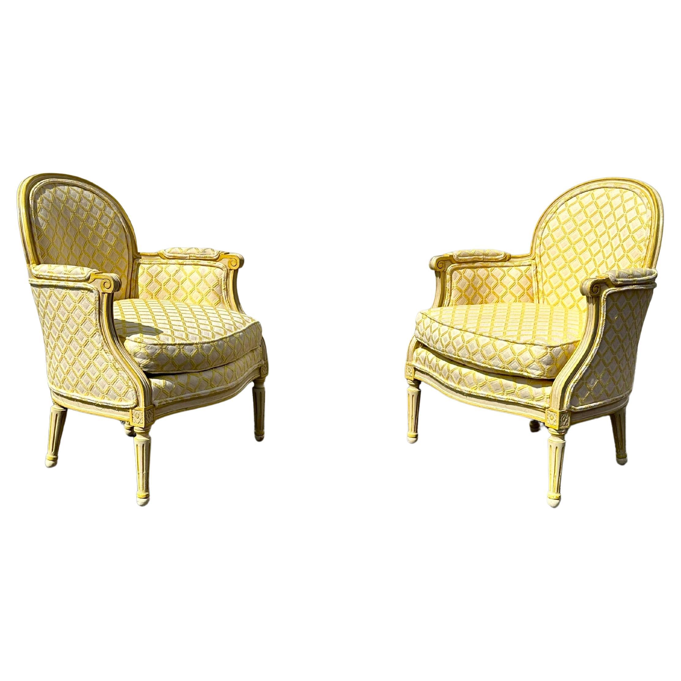 1970s Baker Yellow Lattice Cotton Velvet Bergere Curved Chairs, Set of 2
