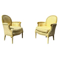 1970 Baker Yellow Lattice Cotton Velvet Bergere Curved Chairs, Set of 2