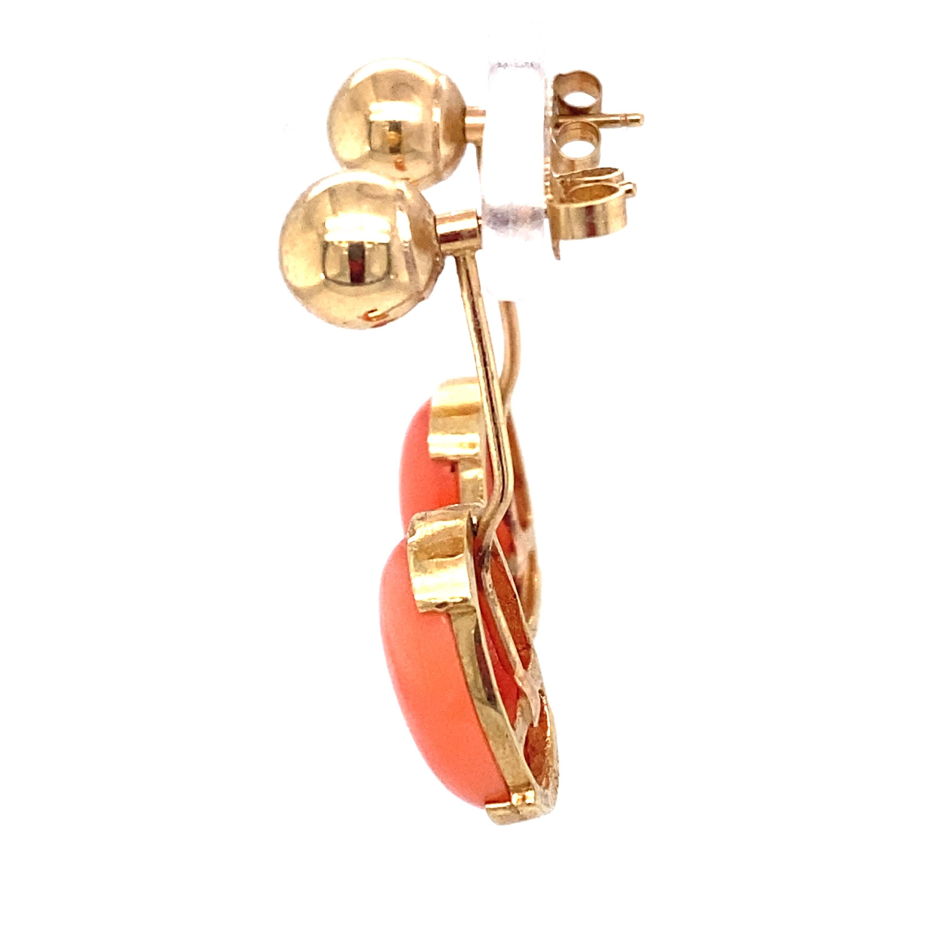 Modern 1970s Ball Stud Earrings with Removable Coral Dangles in 14 Karat Gold