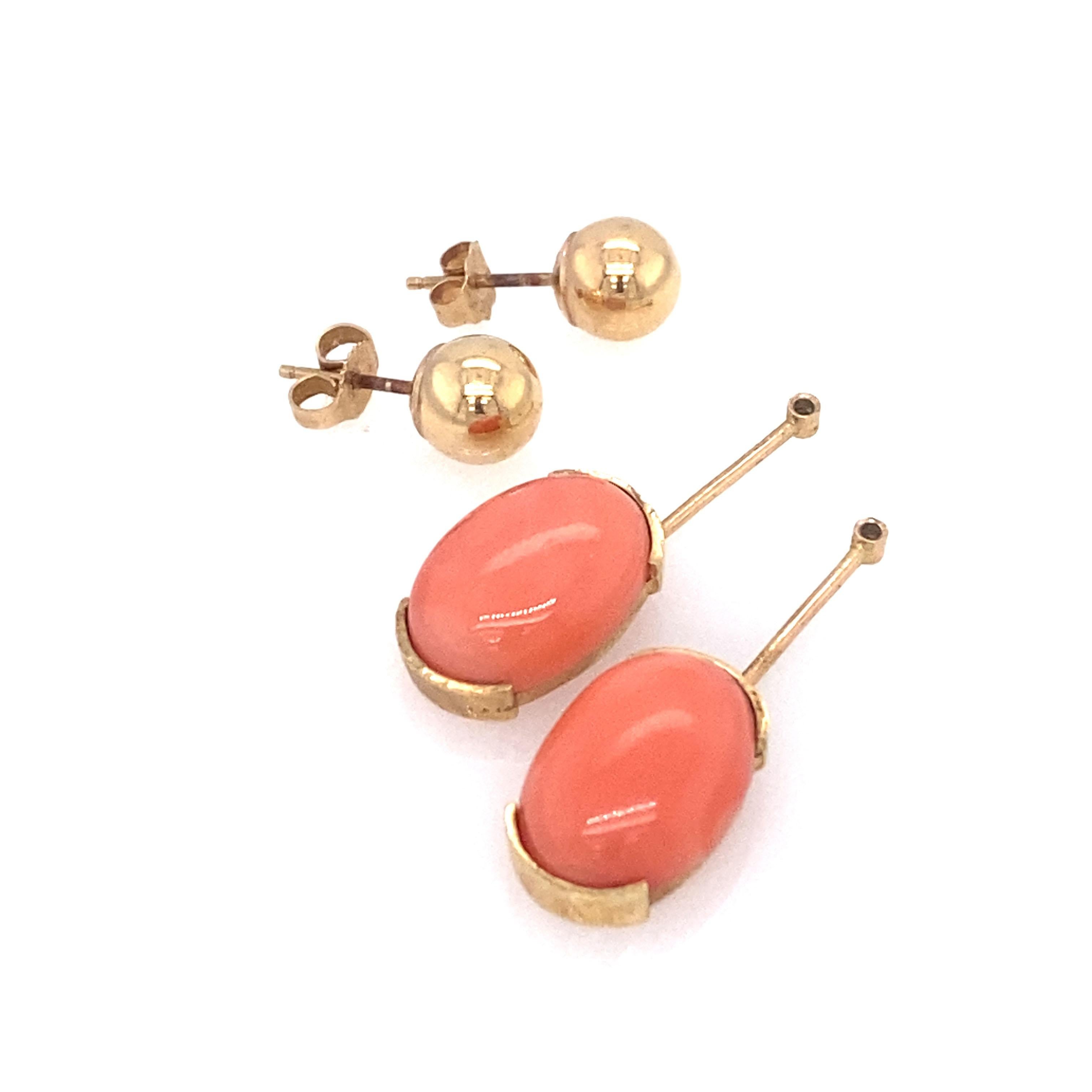 Oval Cut 1970s Ball Stud Earrings with Removable Coral Dangles in 14 Karat Gold