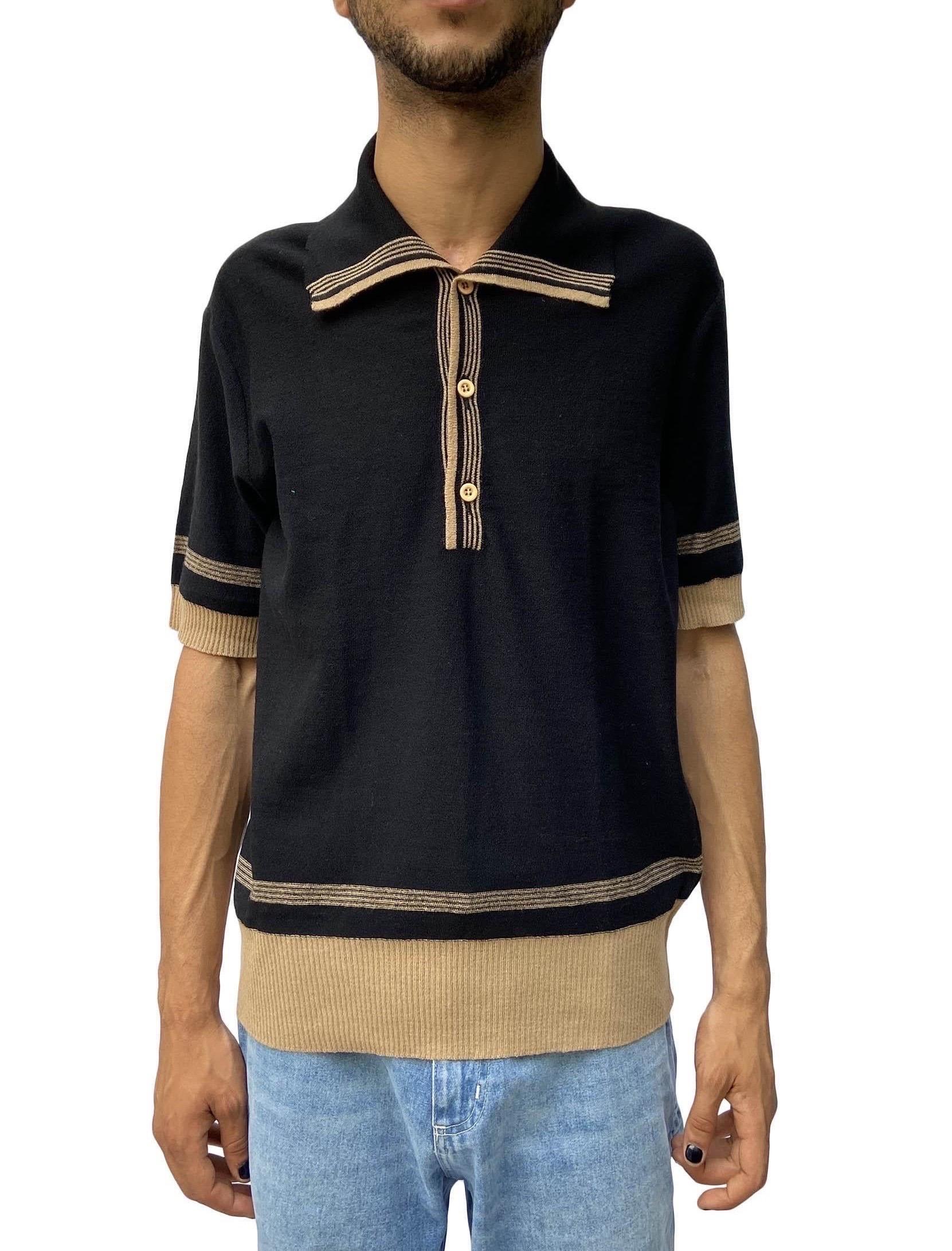 1970S BALMAIN Black & Brown Cotton Knit Mens Rat Pack Nautical Polo Shirt In Excellent Condition For Sale In New York, NY