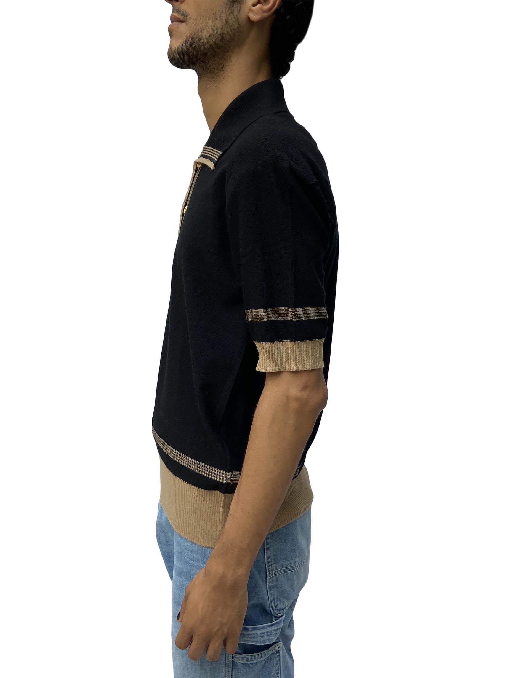 1970S Balmain Black & Brown Cotton Knit Mens Rat Pack Nautical Polo Shirt In Excellent Condition For Sale In New York, NY