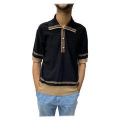 1970S BALMAIN Black & Brown Cotton Knit Mens Rat Pack Nautical Polo Shirt