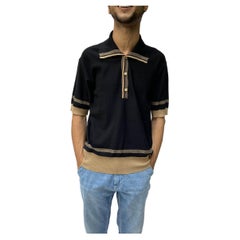 1970S Balmain Black & Brown Cotton Knit Mens Rat Pack Nautical Polo Shirt