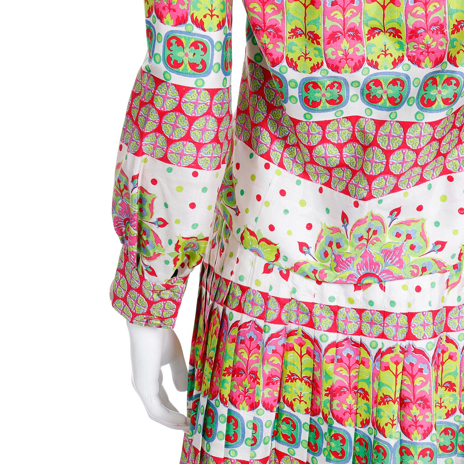 1970s Balmain Boutique Thai Silk Pink Print 2pc Skirt & Top Outfit For Sale 5