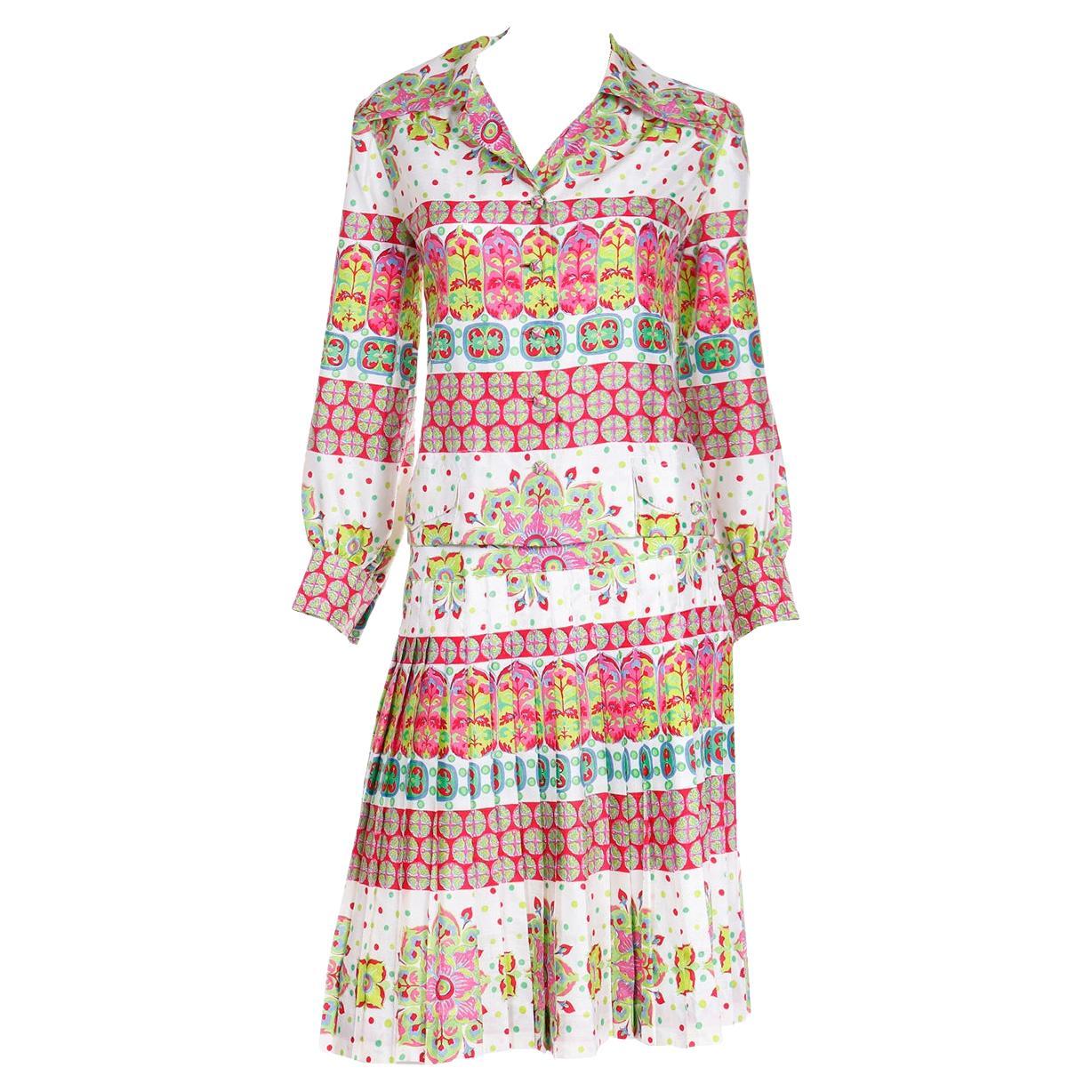 1970s Balmain Boutique Thai Silk Pink Print 2pc Skirt & Top Outfit