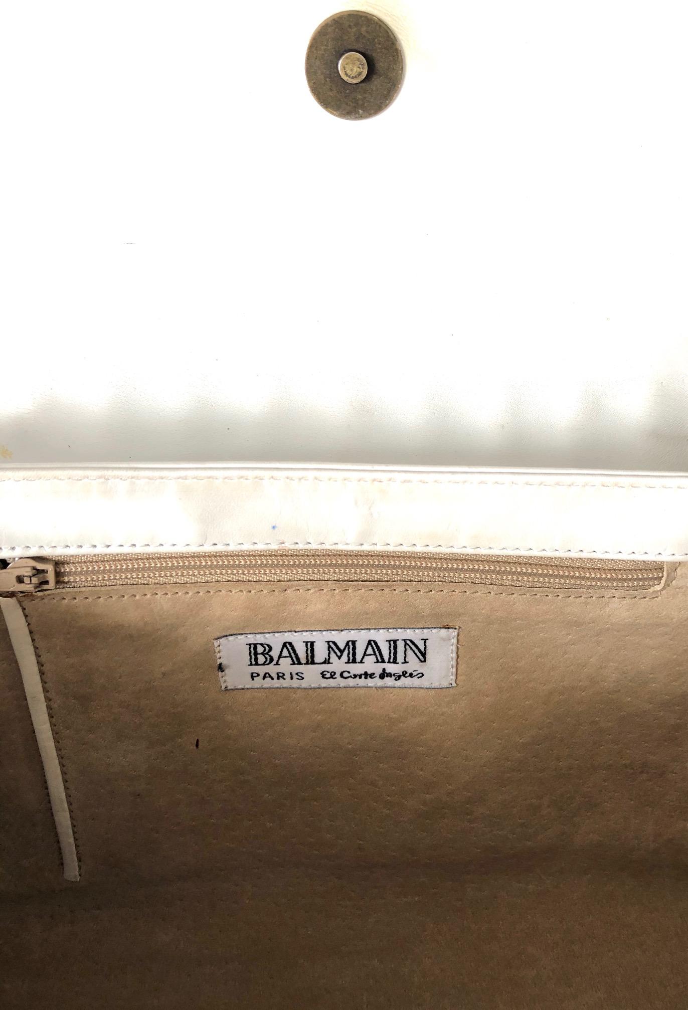 1970s Balmain Paris White Cream and Gold Leather Shoulder Bag  For Sale 3