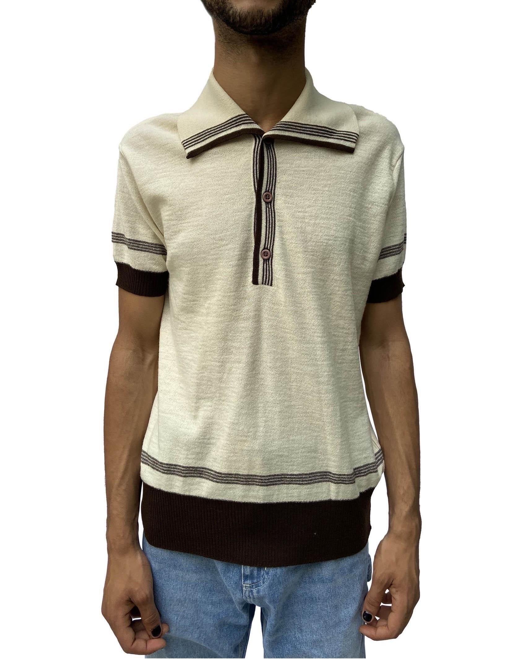 1970S BALMAIN White & Brown Cotton Knit Mens Nautical Polo Shirt In Excellent Condition For Sale In New York, NY