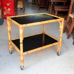 1970s Bamboo and Fornica Side Table with Wheels