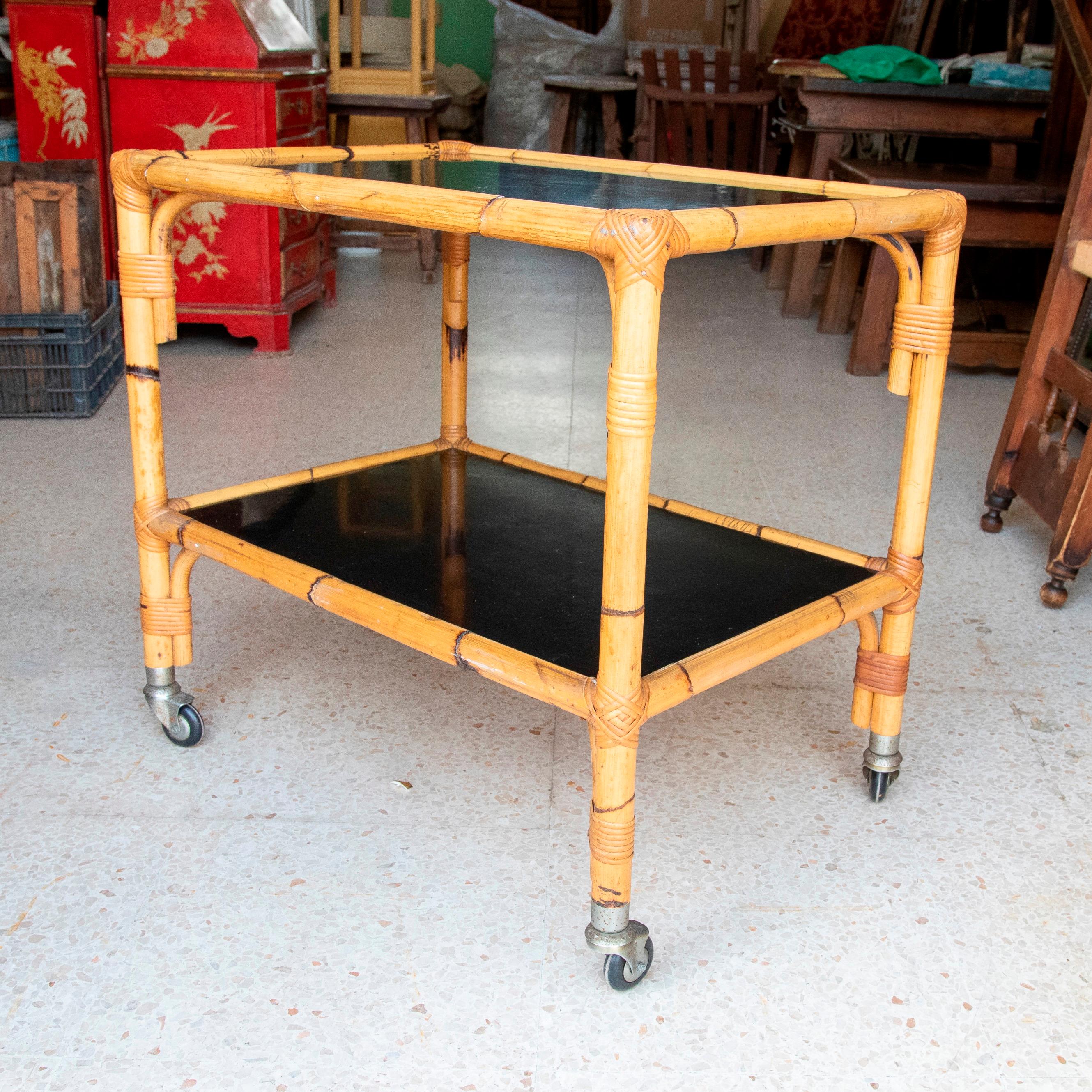 1970s Bamboo and Fornica Side Table with Wheels For Sale 1