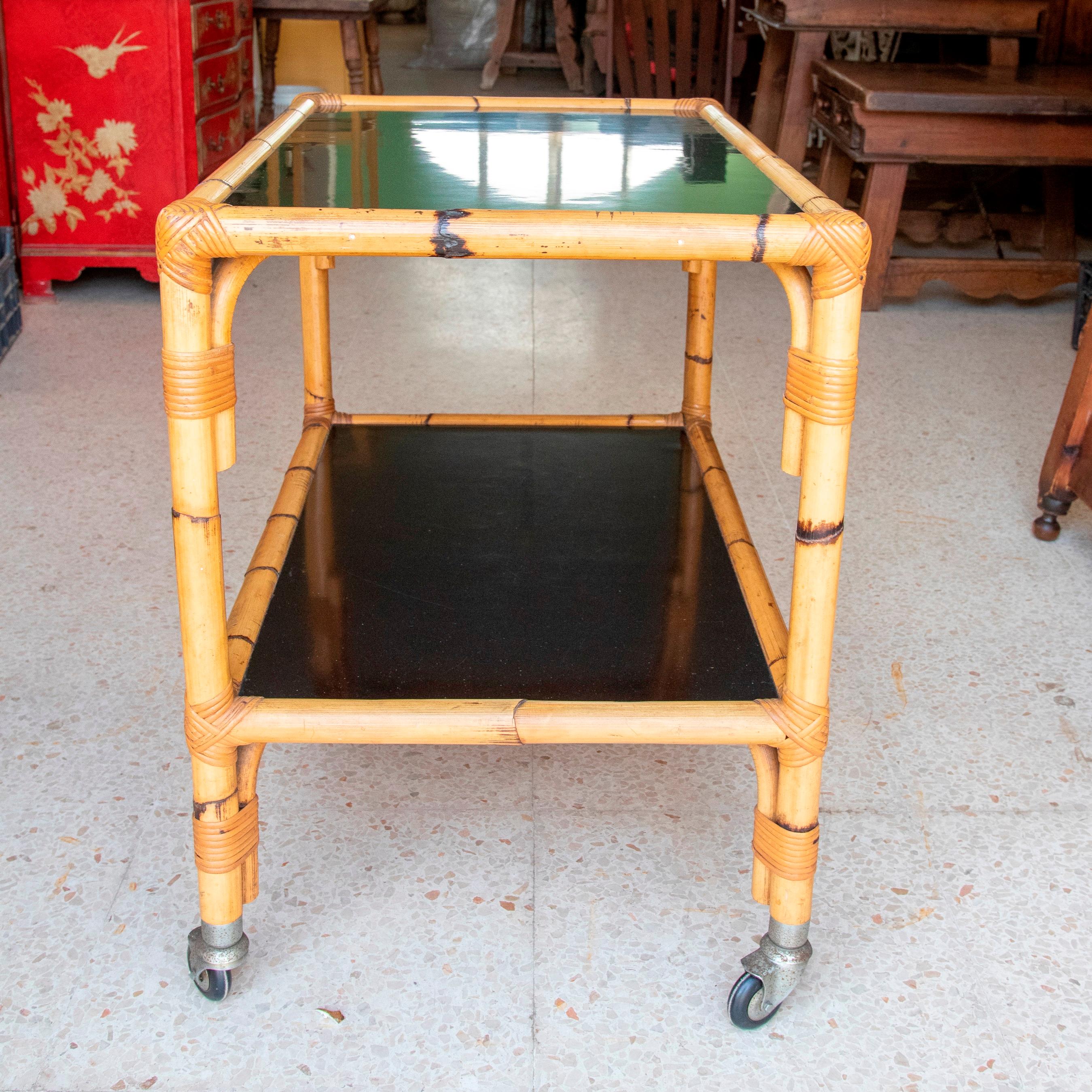 1970s Bamboo and Fornica Side Table with Wheels For Sale 2