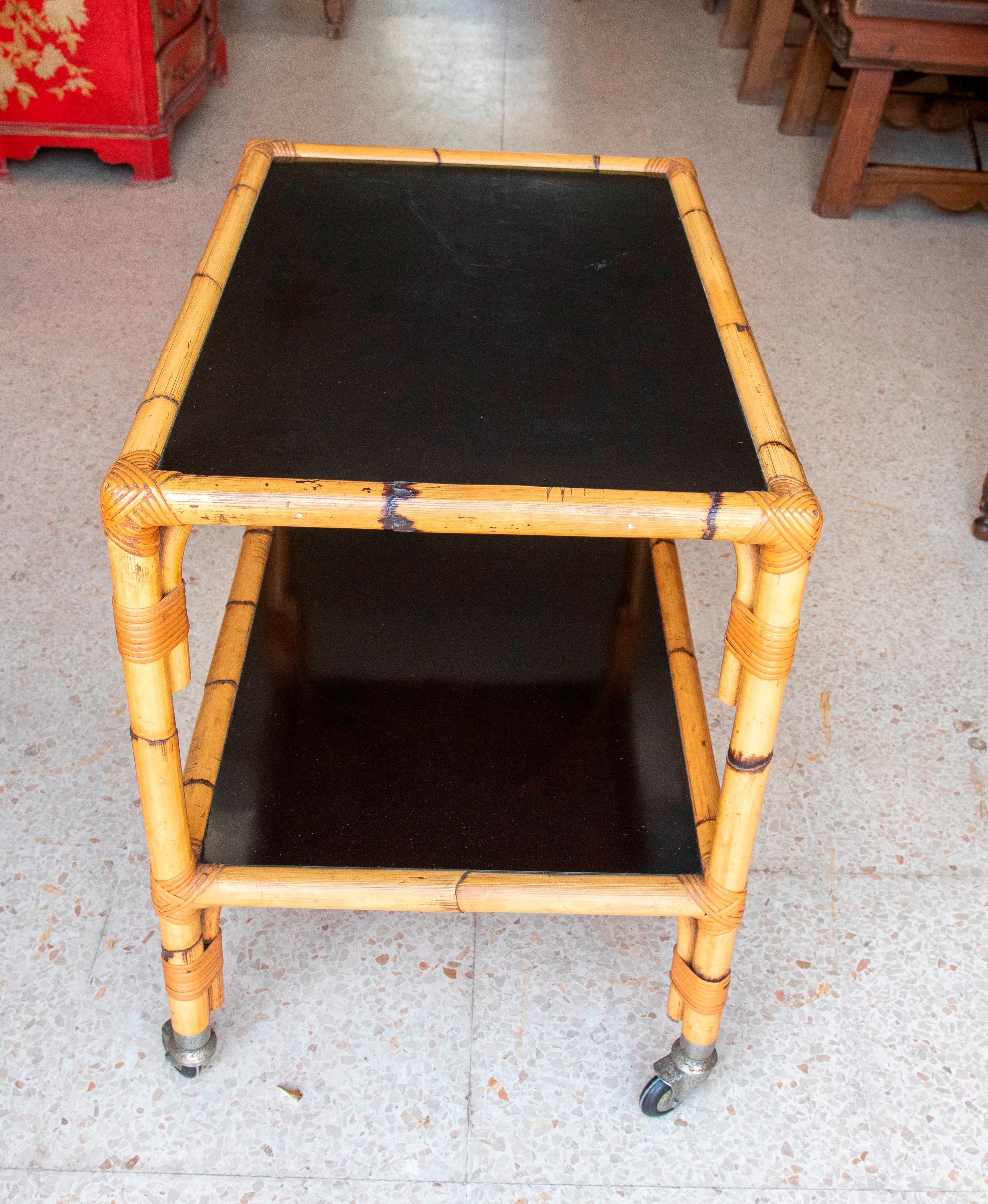 1970s Bamboo and Fornica Side Table with Wheels For Sale 3