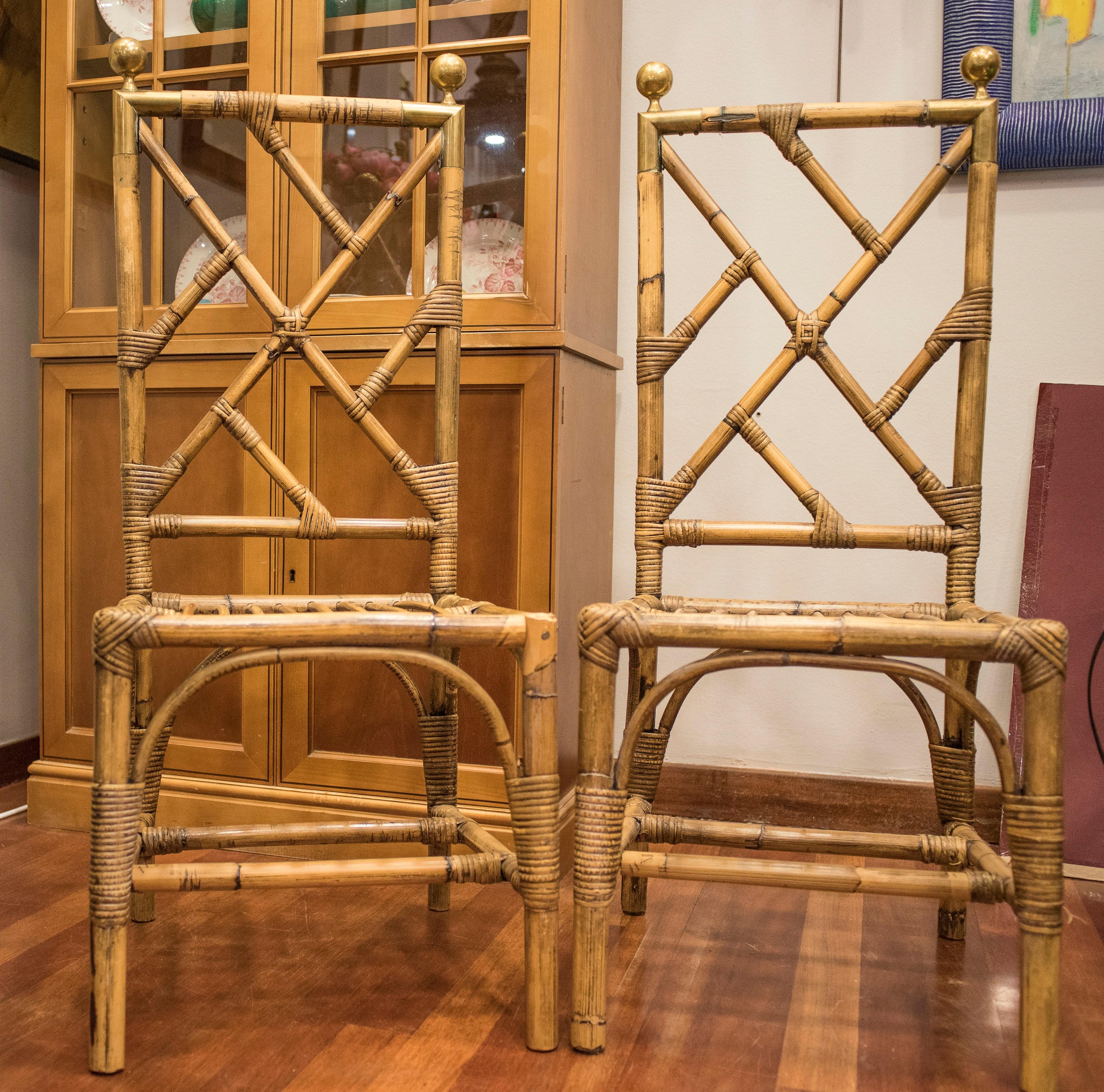 Late 20th Century 1970s Bamboo and Golden Brass French Set of 6 Chairs, Style Maison Jansen