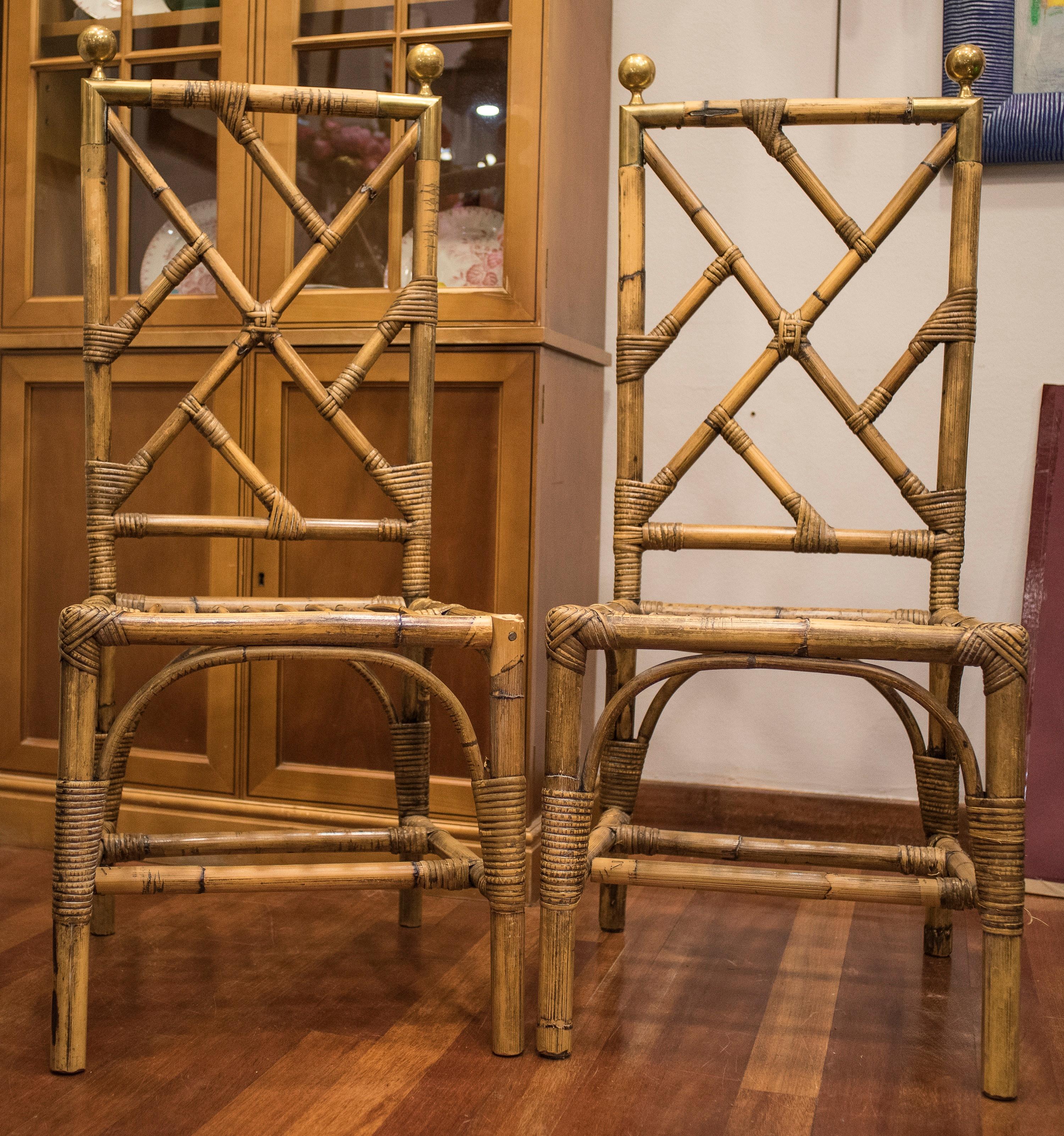 1970s Bamboo and Golden Brass French Set of 6 Chairs, Style Maison Jansen 1