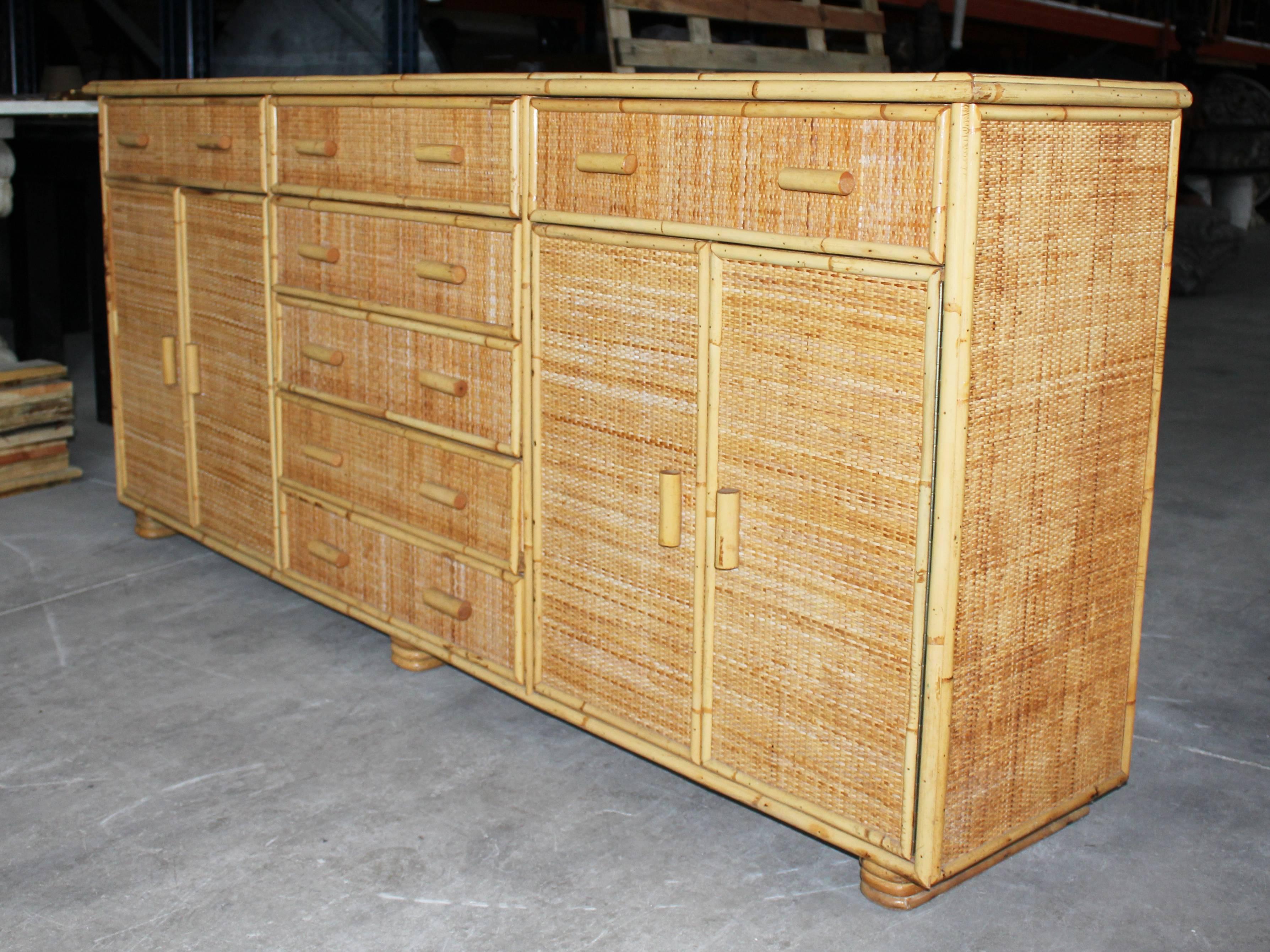 1970s Bamboo and Laced Wicker Long Console Cabinet In Good Condition In Marbella, ES