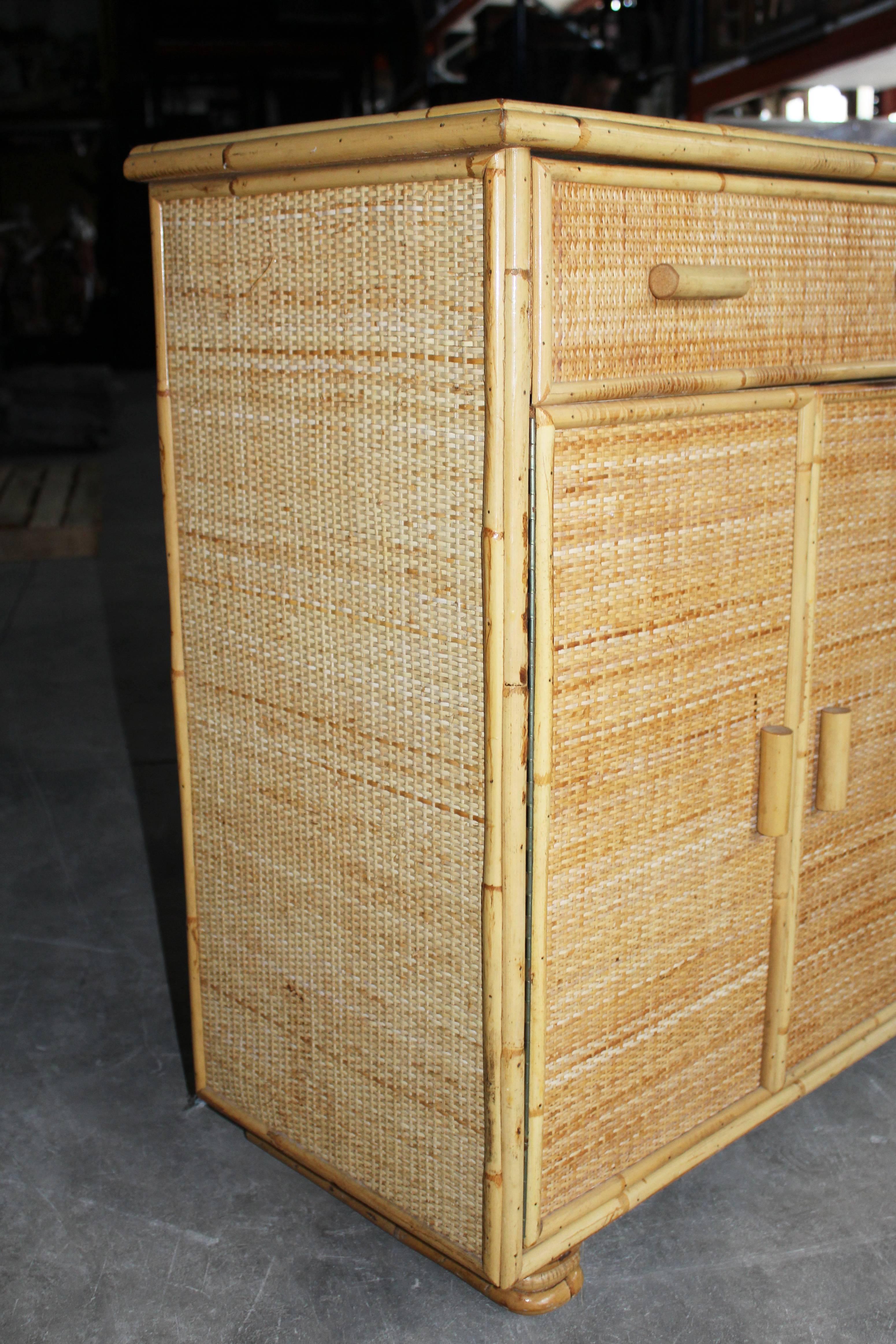 Smoked Glass 1970s Bamboo and Laced Wicker Long Console Cabinet