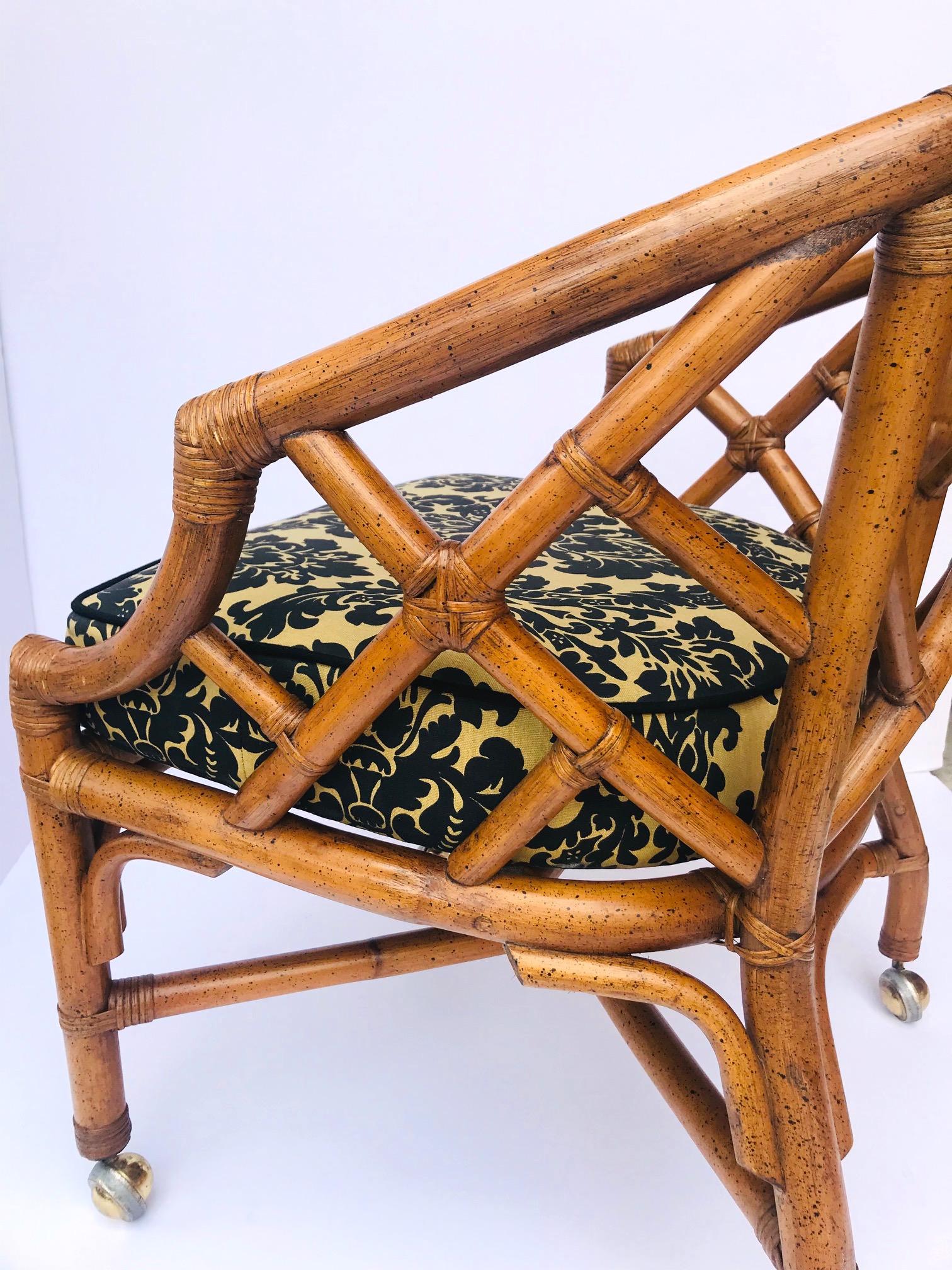 Textile 1970s Bamboo and Rattan Chippendale Swivel Desk Chair