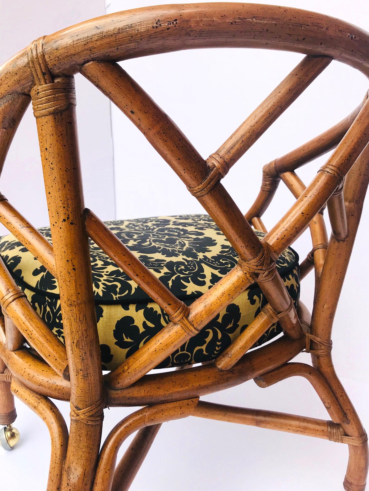 1970s Bamboo and Rattan Chippendale Swivel Desk Chair 2