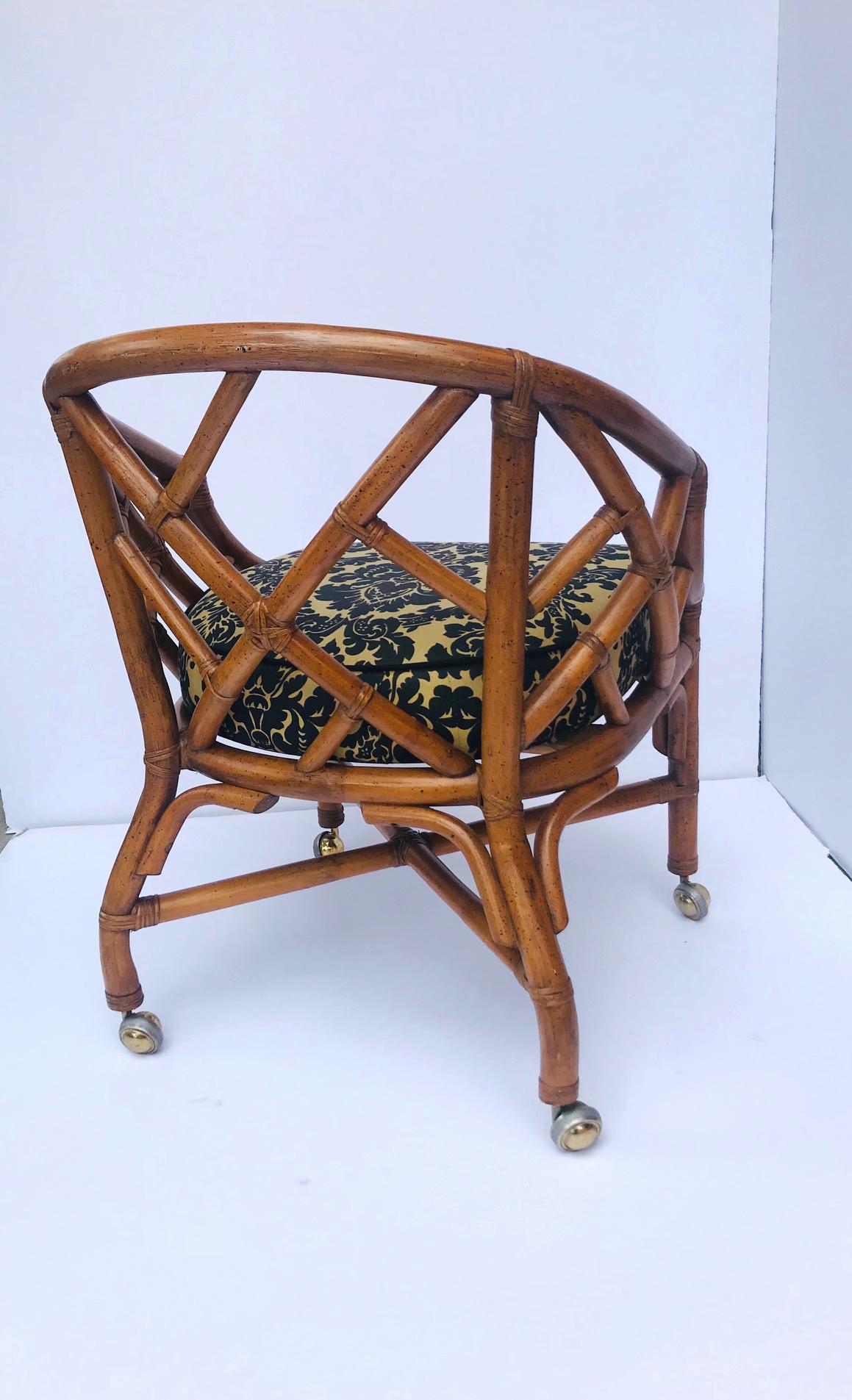 Mid-Century Modern 1970s Bamboo and Rattan Chippendale Swivel Desk Chair