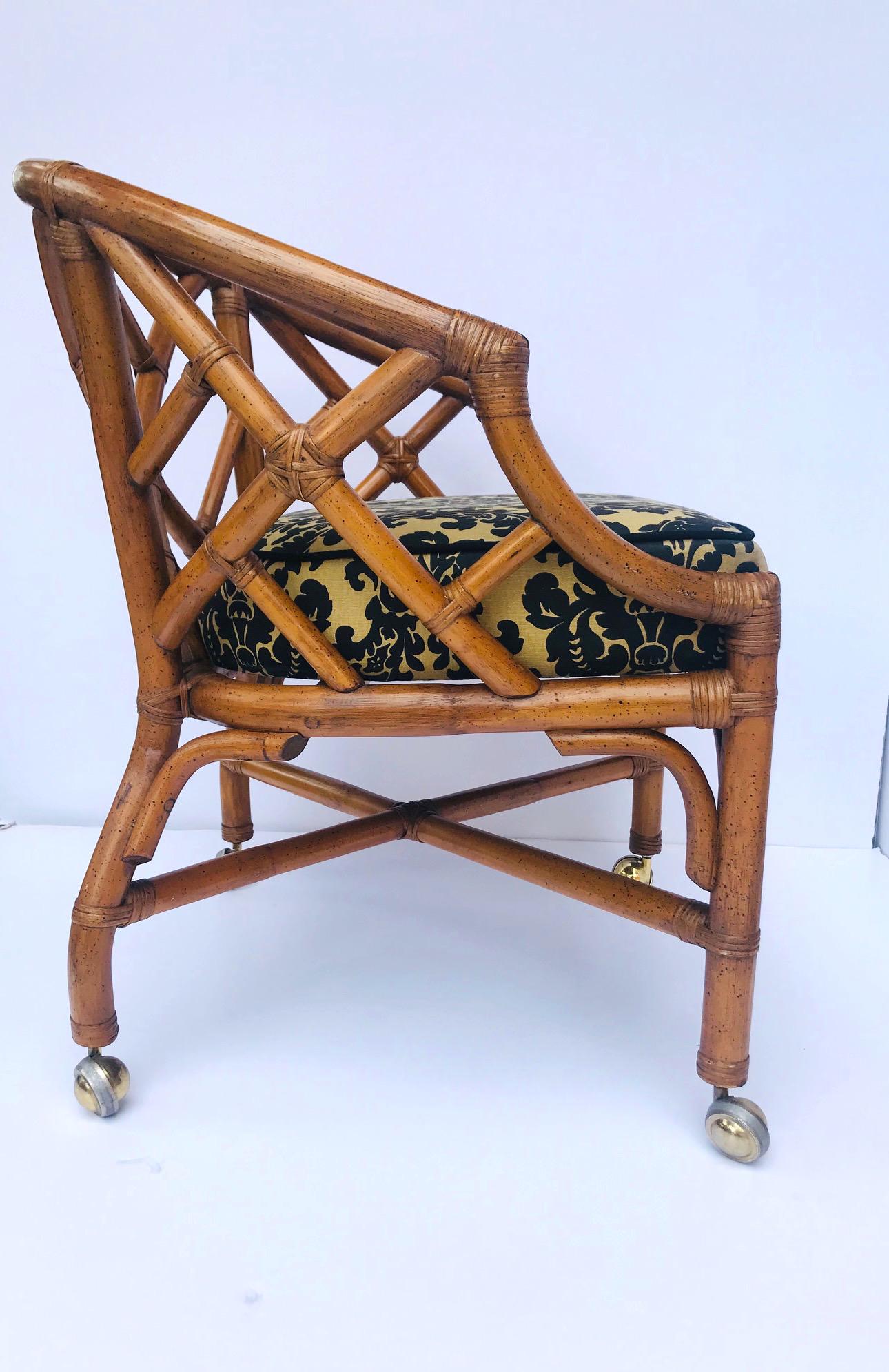 1970s Bamboo and Rattan Chippendale Swivel Desk Chair In Good Condition In Fort Lauderdale, FL