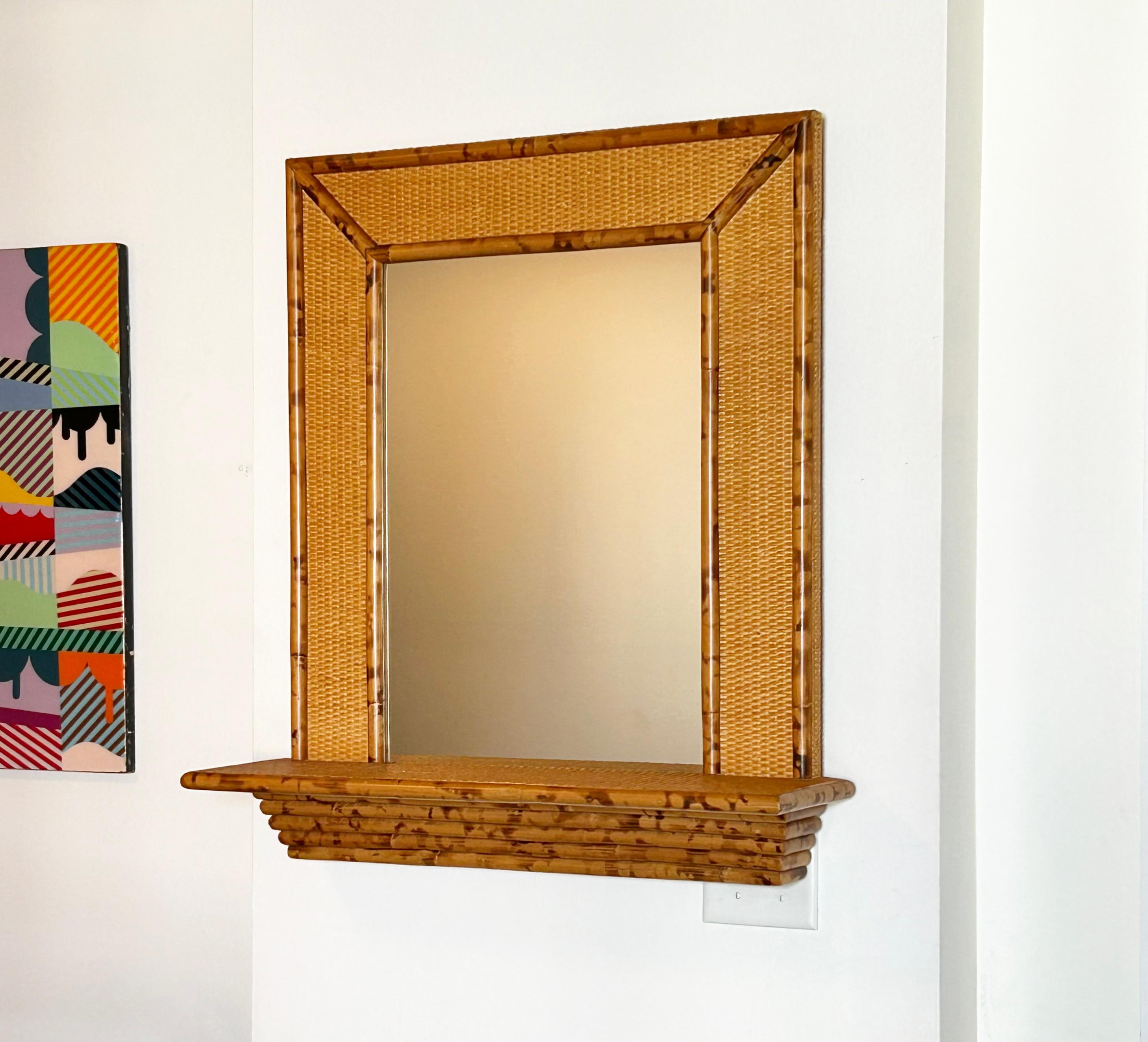 1970s Bamboo and Rattan Wall Mirror with Console In Good Condition For Sale In West Palm Beach, FL
