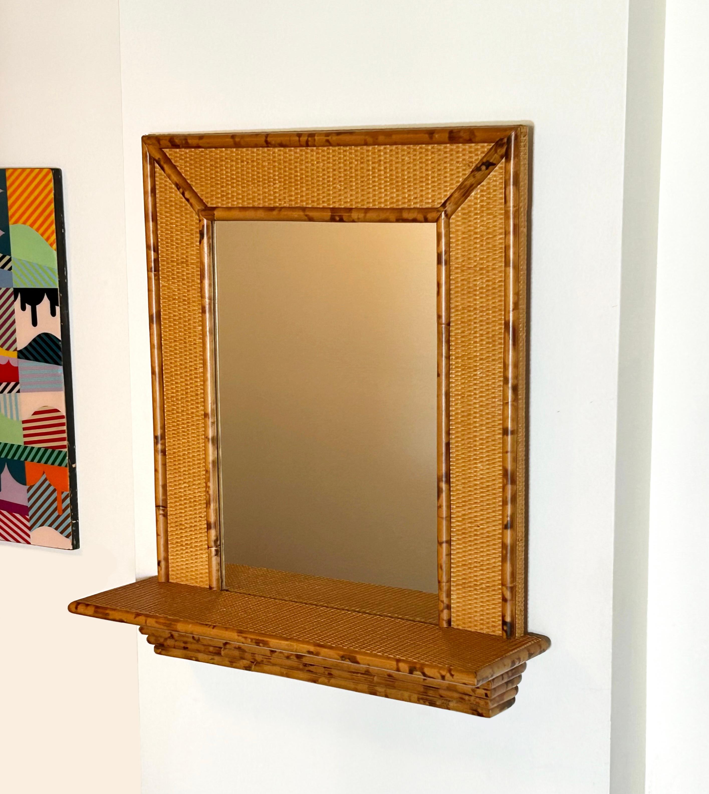Late 20th Century 1970s Bamboo and Rattan Wall Mirror with Console For Sale